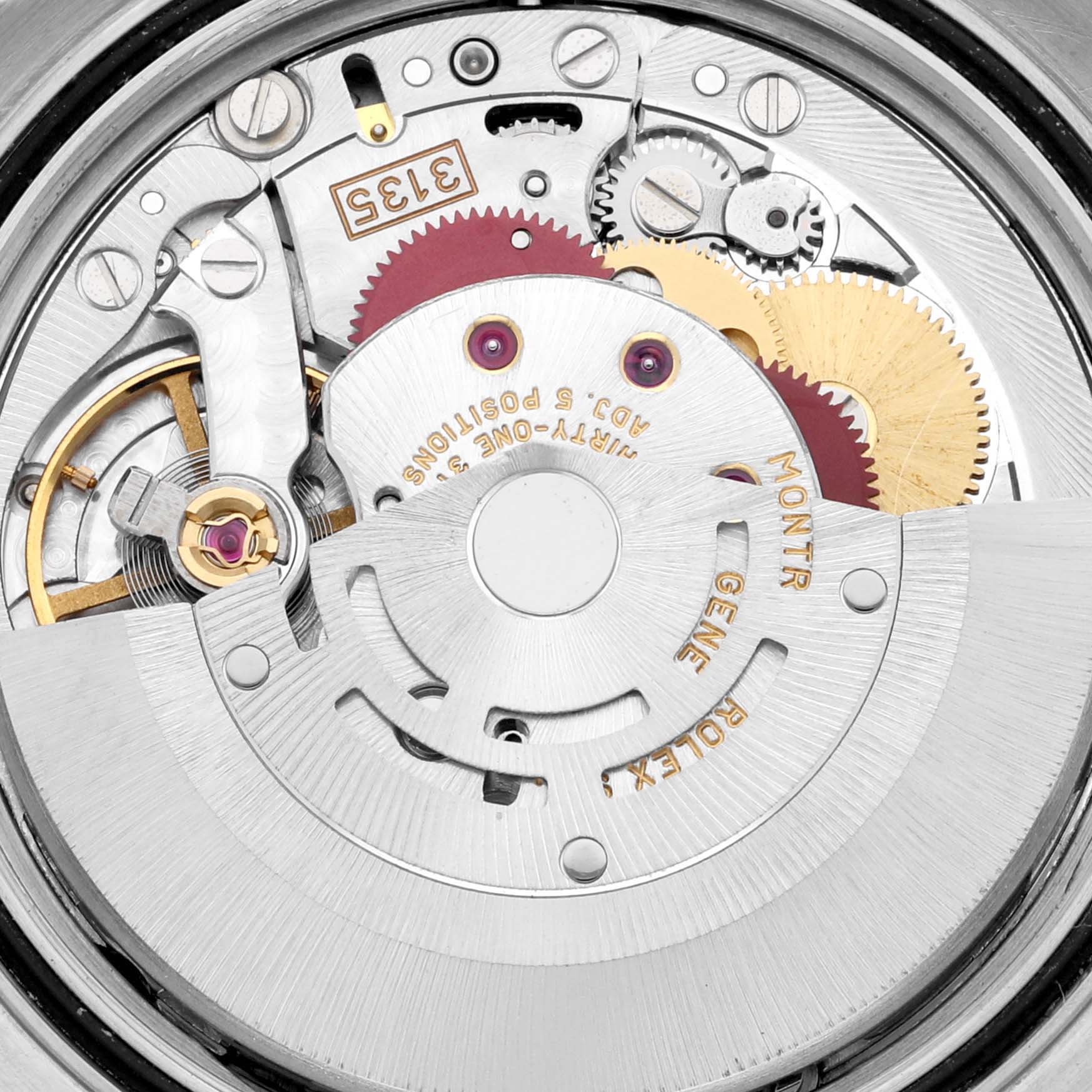 The image shows the inner mechanical movement of a Rolex Datejust 16233 Men's Steel and Gold (two tone) Champagne Dial 16233 Men's Steel and Gold (two tone) Champagne Dial watch from a close-up angle.