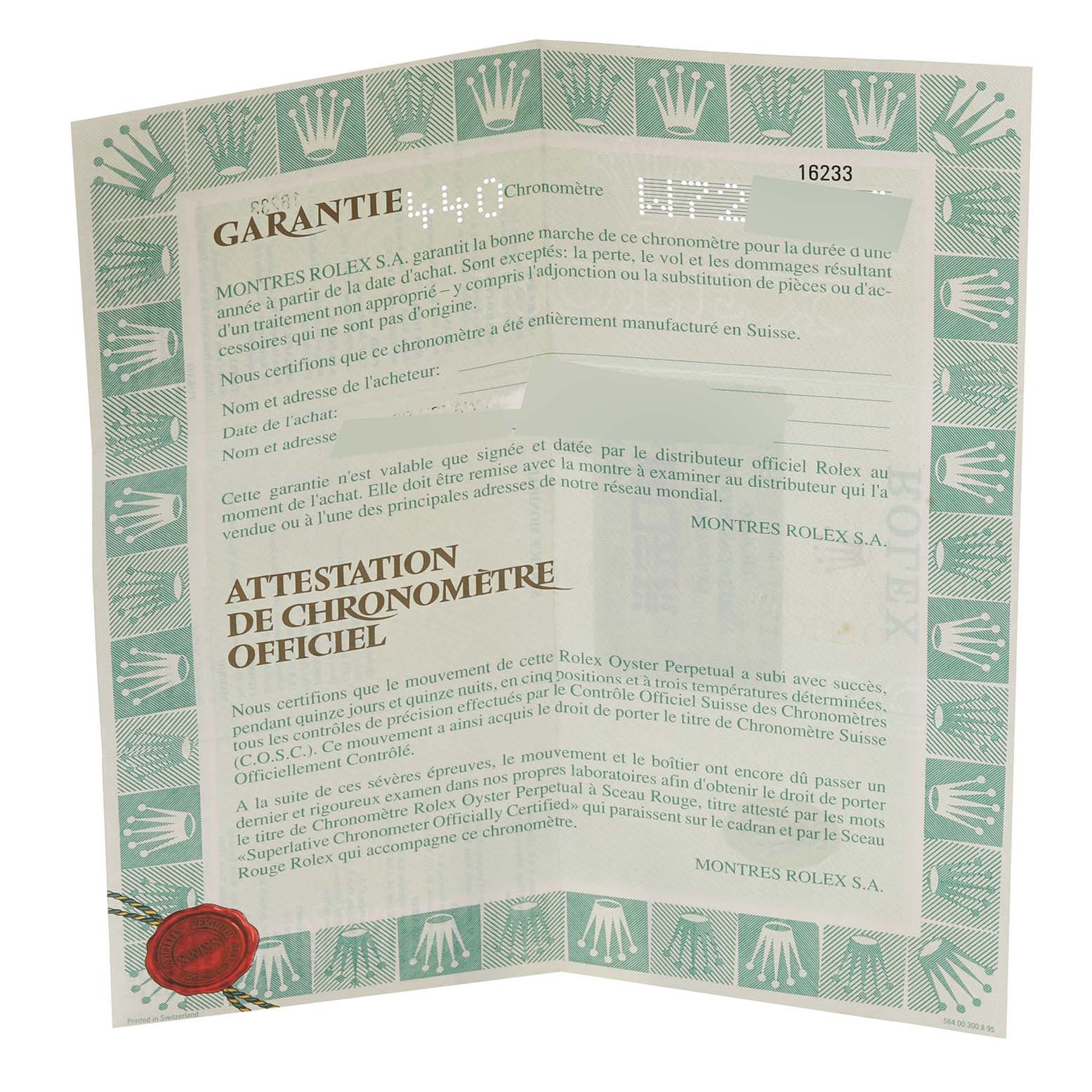 The image shows an open warranty card for the Rolex Datejust 16233 Men's Steel and Gold (two tone) Champagne Dial 16233 Men's Steel and Gold (two tone) Champagne Dial model, positioned at a slight angle to reveal both pages.