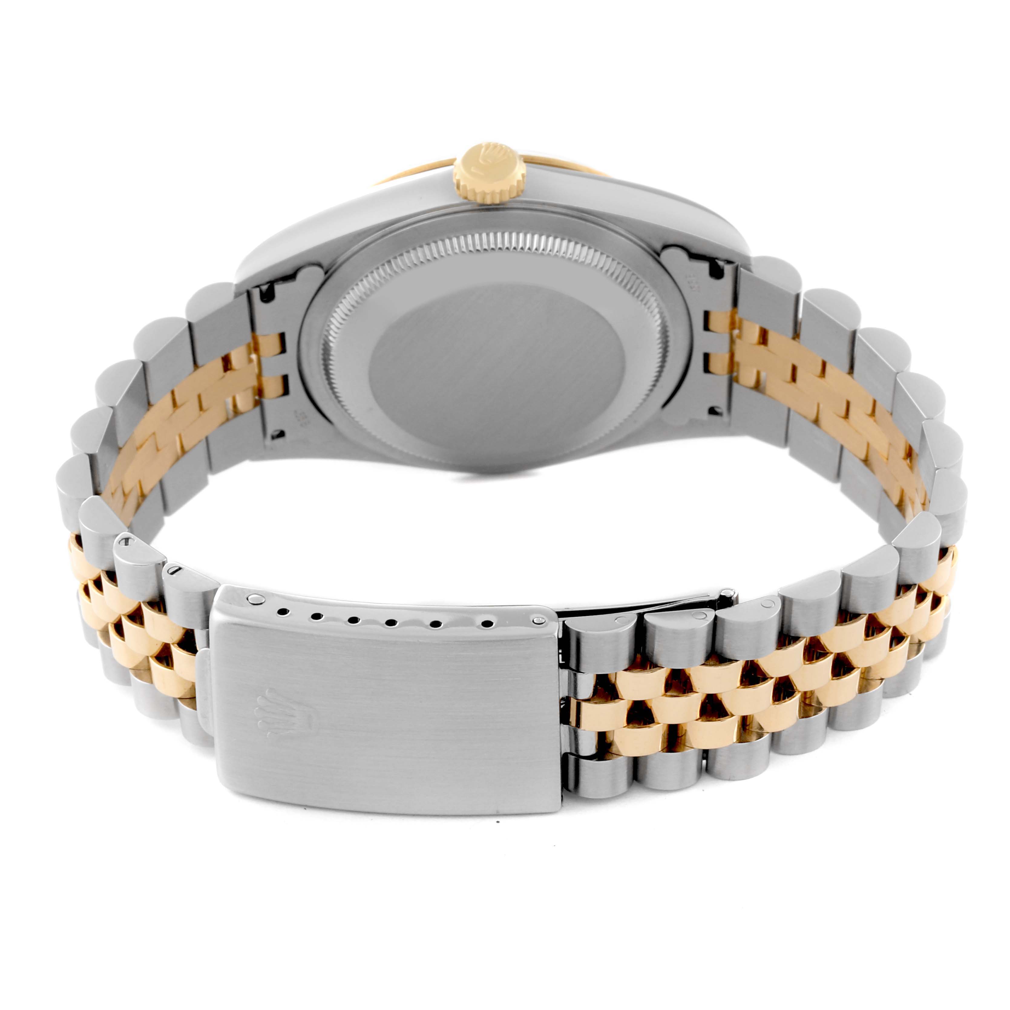 The image shows the back view of a Rolex Datejust 16233 Men's Steel and Gold (two tone) Champagne Dial 16233 Men's Steel and Gold (two tone) Champagne Dial watch, featuring its case, crown, and two-tone jubilee bracelet.