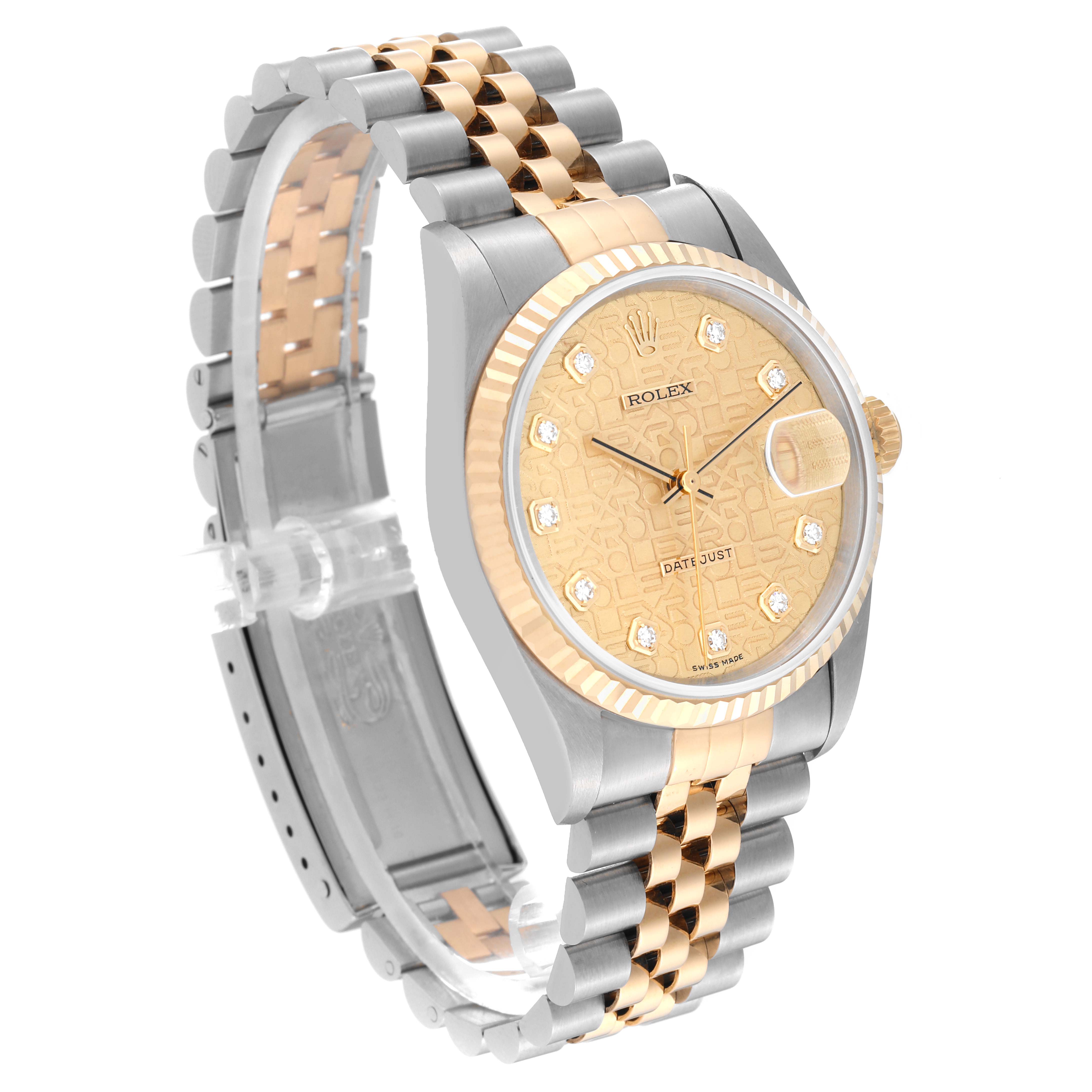 This image shows a side-angle view of a Rolex Datejust 16233 Men's Steel and Gold (two tone) Champagne Dial 16233 Men's Steel and Gold (two tone) Champagne Dial watch, highlighting its face, bezel, and two-tone bracelet.