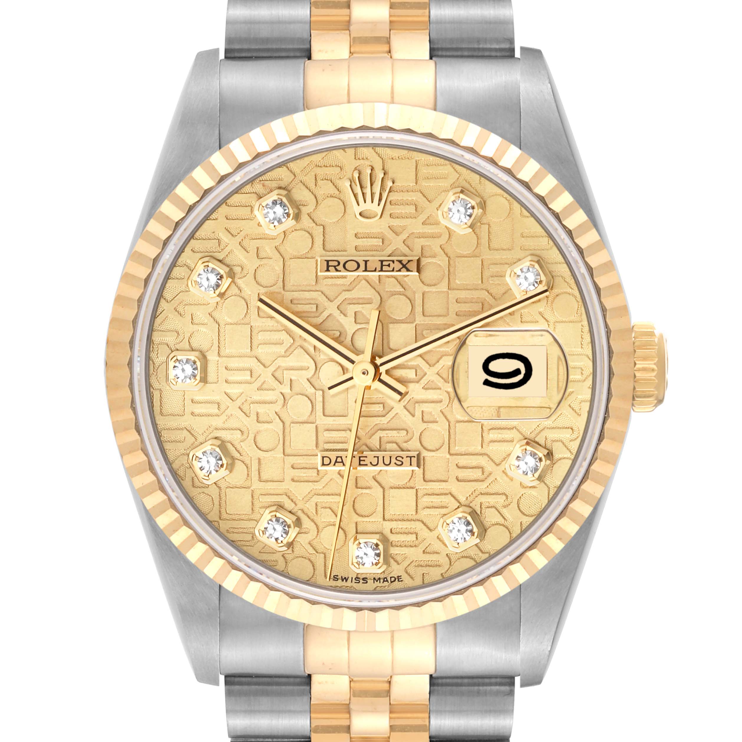 This image shows the front view of a Rolex Datejust 16233 Men's Steel and Gold (two tone) Champagne Dial 16233 Men's Steel and Gold (two tone) Champagne Dial watch, highlighting the gold dial, diamond hour markers, fluted bezel, and two-tone bracelet.