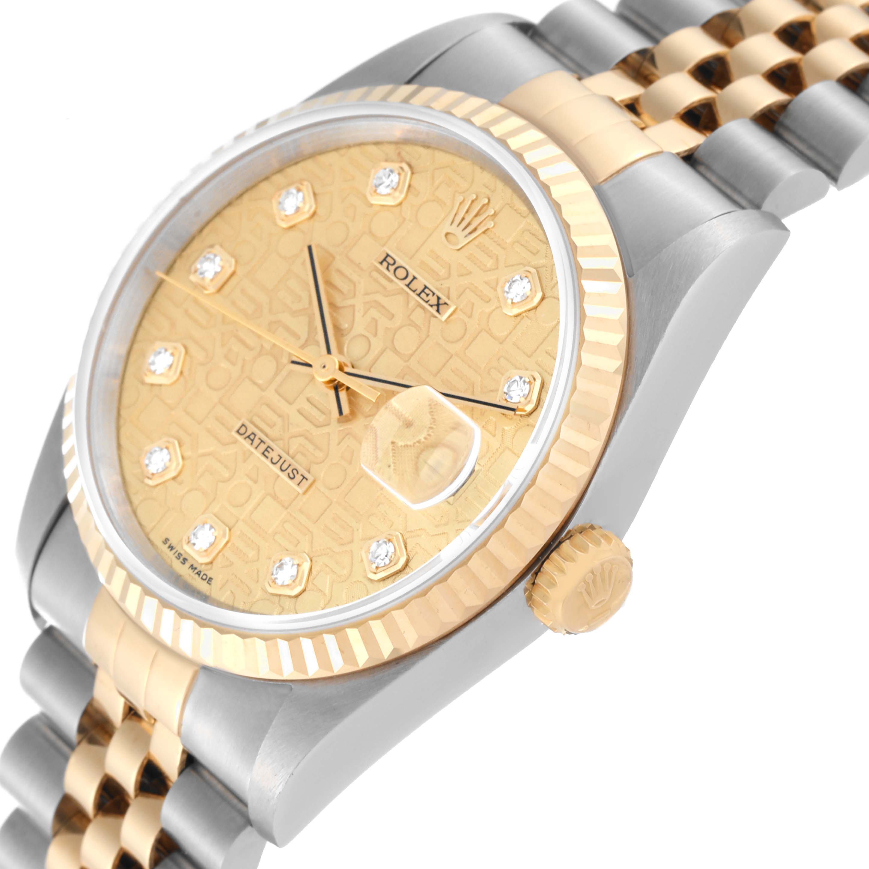 The image shows a side angle of the Rolex Datejust 16233 Men's Steel and Gold (two tone) Champagne Dial 16233 Men's Steel and Gold (two tone) Champagne Dial watch highlighting its dial, crown, and partially the bracelet.