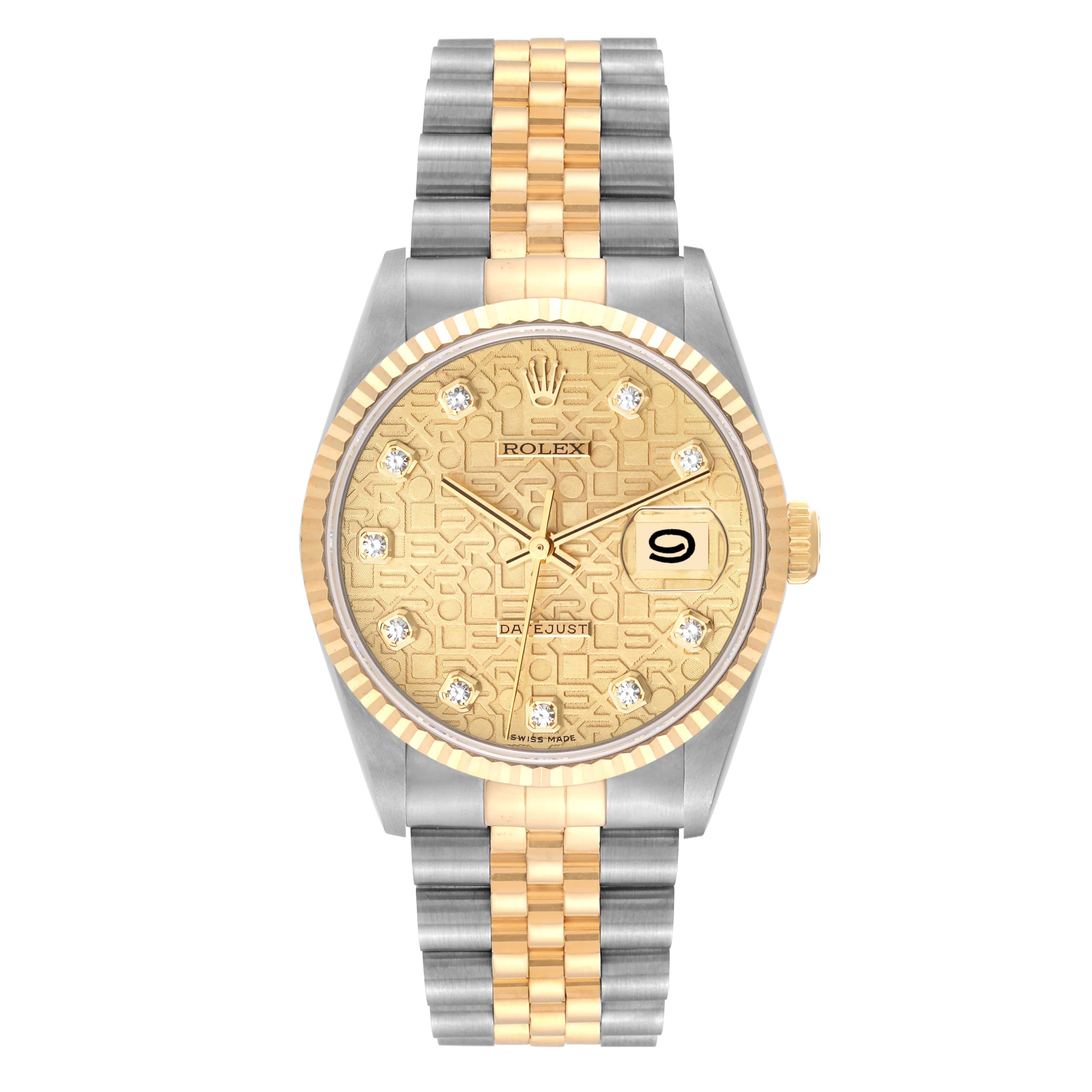 The image shows a Rolex Datejust 16233 Men's Steel and Gold (two tone) Champagne Dial 16233 Men's Steel and Gold (two tone) Champagne Dial watch with a gold dial, diamond hour markers, and a two-tone gold and silver bracelet.