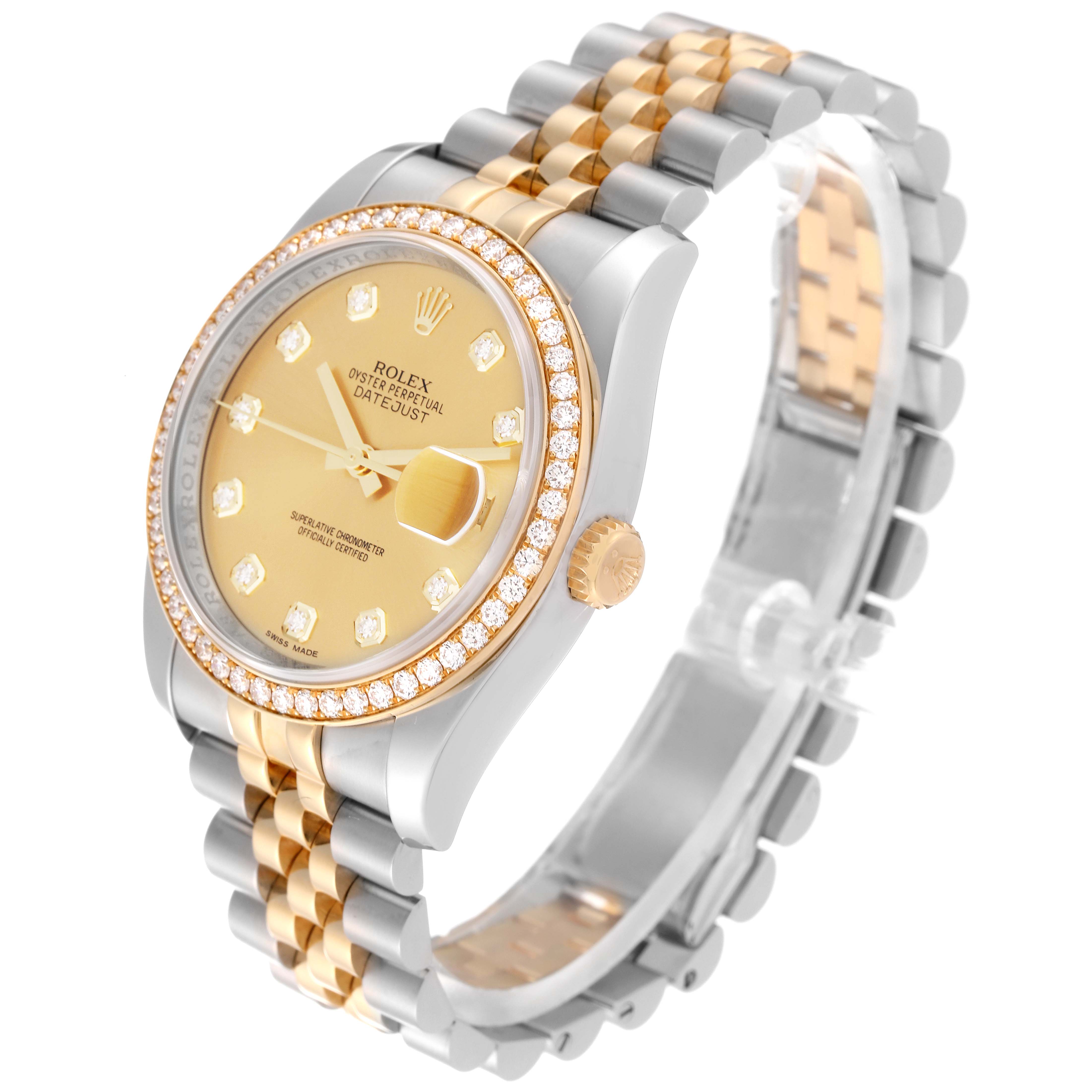 This Rolex Datejust 116243 Men's Steel and Gold (two tone) Champagne Dial 116243 Men's Steel and Gold (two tone) Champagne Dial model watch is shown from a three-quarter angle, displaying the face, bezel, crown, and bracelet.