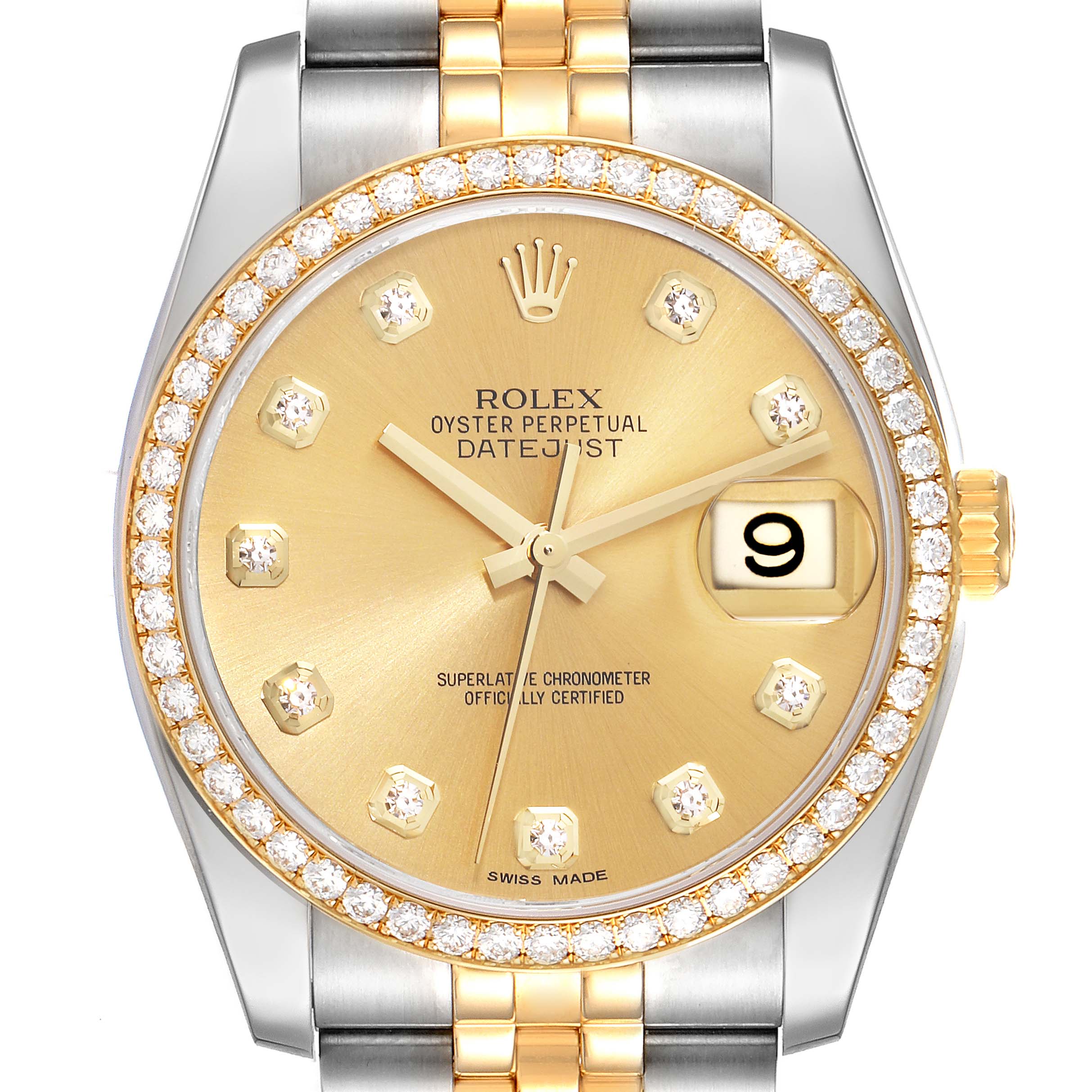 The image shows a close-up front view of a Rolex Datejust 116243 Men's Steel and Gold (two tone) Champagne Dial 116243 Men's Steel and Gold (two tone) Champagne Dial watch, highlighting the dial, bezel, hour markers, and part of the bracelet.