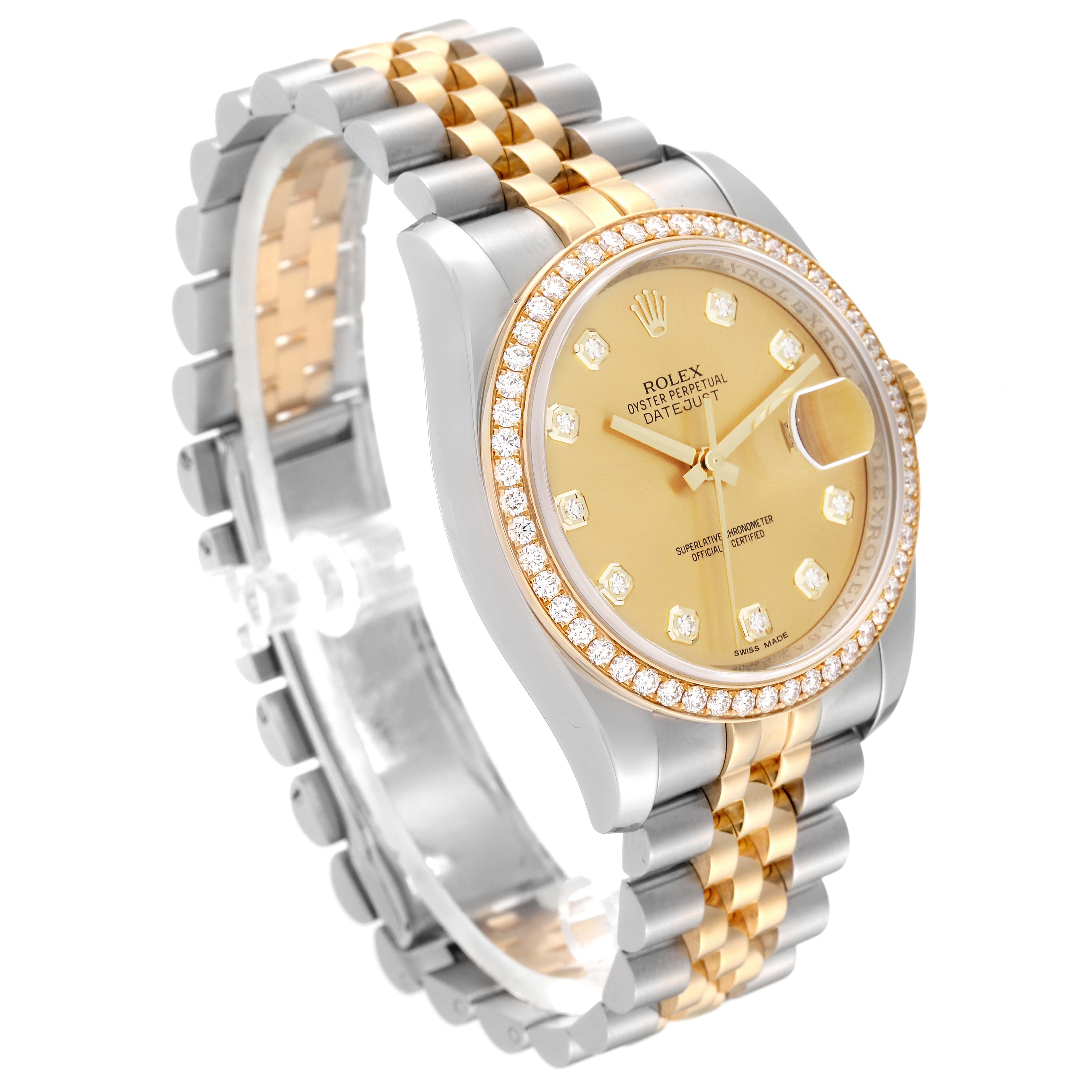 This Rolex Datejust 116243 Men's Steel and Gold (two tone) Champagne Dial 116243 Men's Steel and Gold (two tone) Champagne Dial watch is shown at a slight angle, highlighting the face, bezel, and two-tone bracelet.