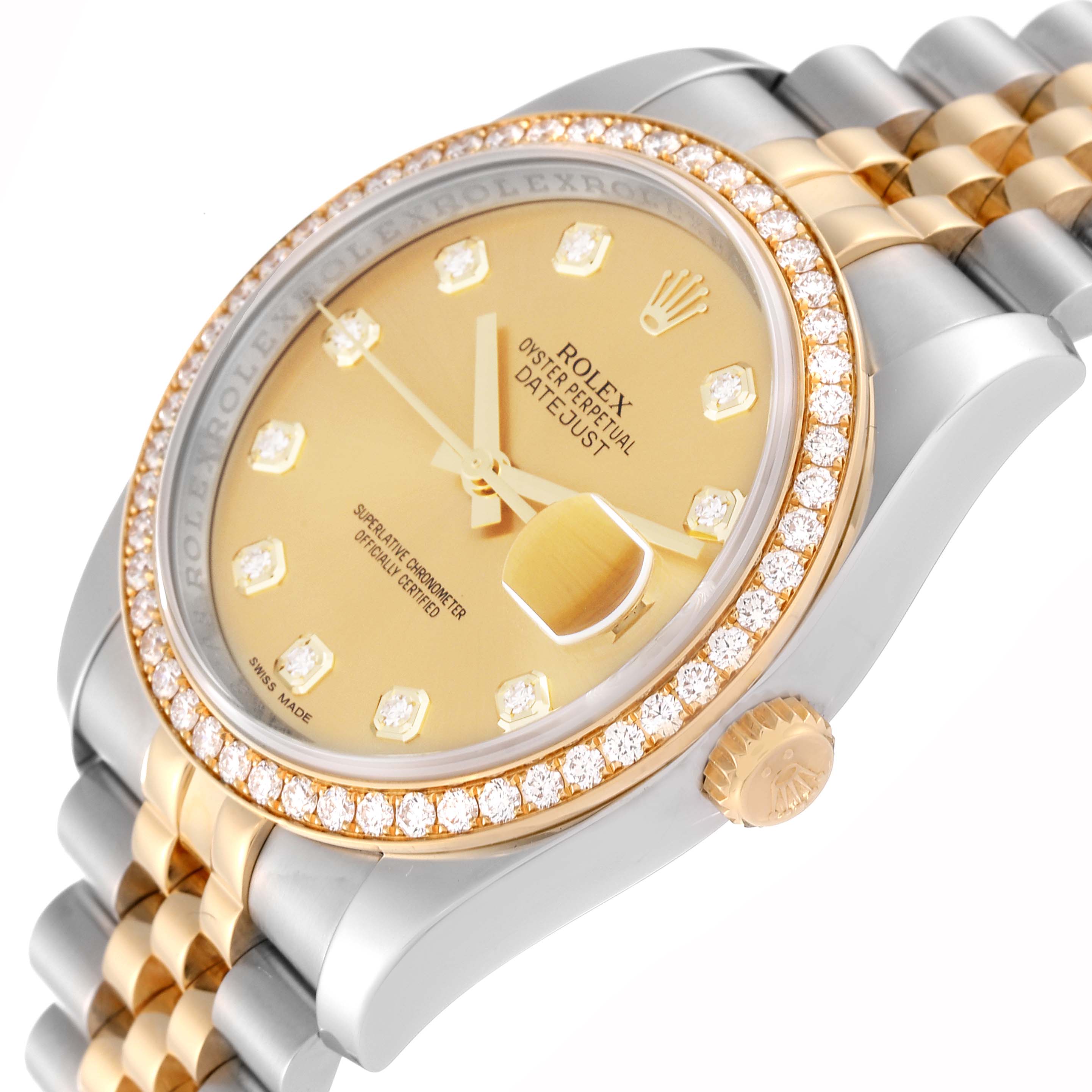 This is a close-up angle of a Rolex Datejust 116243 Men's Steel and Gold (two tone) Champagne Dial 116243 Men's Steel and Gold (two tone) Champagne Dial showing the dial, diamond bezel, and part of the bracelet.