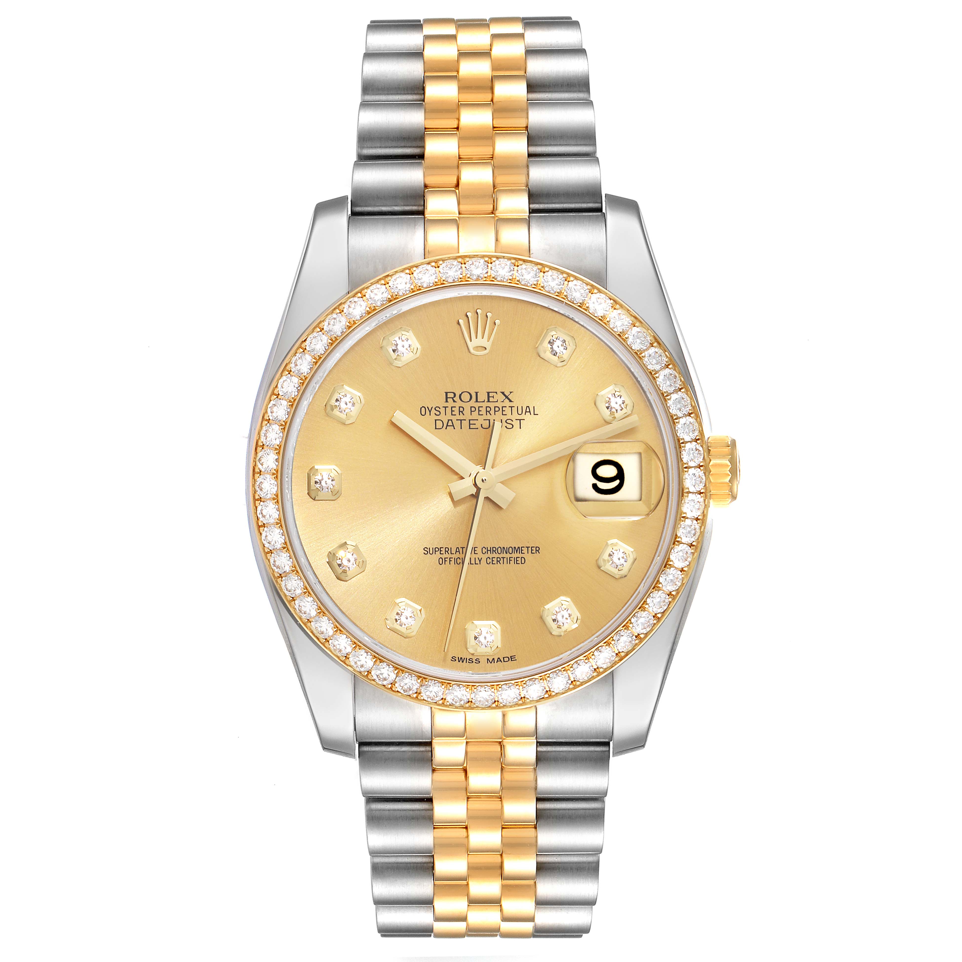 This image shows a front view of a Rolex Datejust 116243 Men's Steel and Gold (two tone) Champagne Dial 116243 Men's Steel and Gold (two tone) Champagne Dial watch with a gold and silver bracelet and diamond-encrusted bezel.