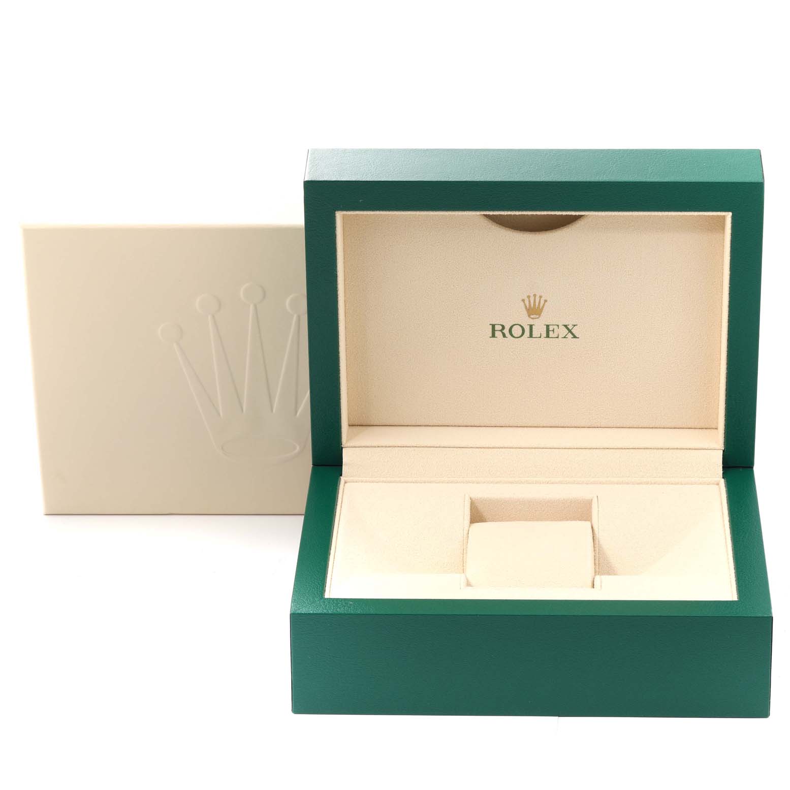 The image shows an open green and beige Rolex Datejust 116243 Men's Steel and Gold (two tone) Champagne Dial 116243 Men's Steel and Gold (two tone) Champagne Dial watch box with the Rolex logo inside, and an outer beige cover.
