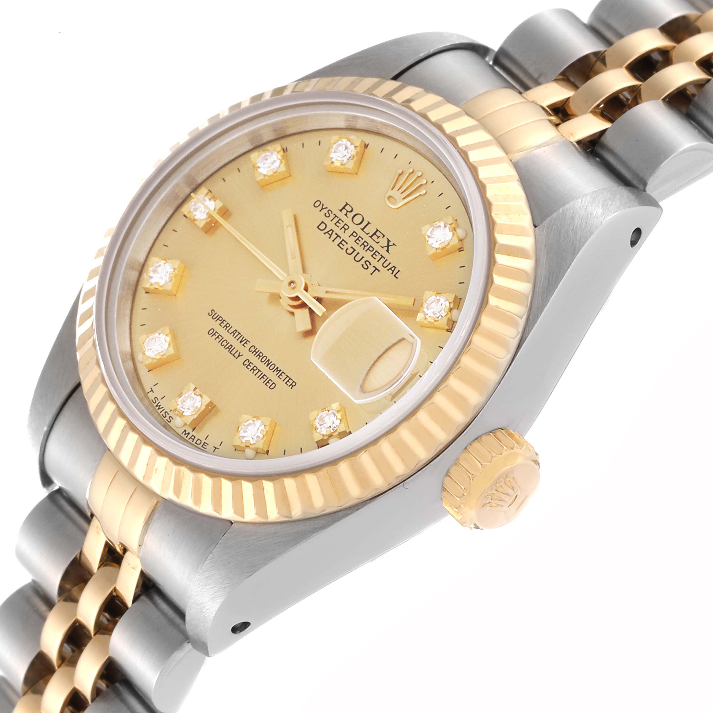 The image shows a close-up, angled view of the bezel, dial, crown, and bracelet of a Rolex Datejust 69173G Women's Steel and Gold (two tone) Champagne Dial 69173G Women's Steel and Gold (two tone) Champagne Dial watch.