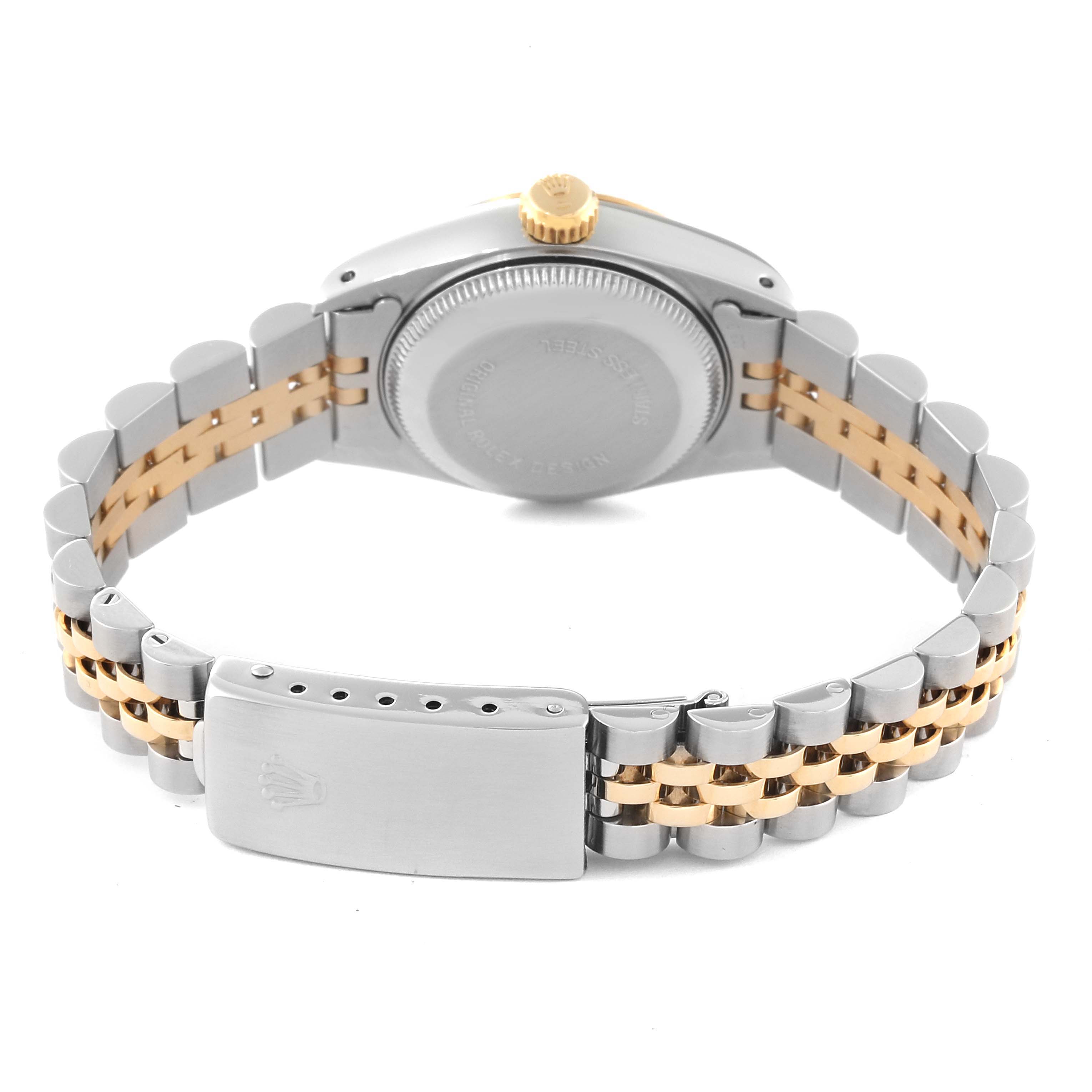 The image shows the back case and bracelet of a Rolex Datejust 69173G Women's Steel and Gold (two tone) Champagne Dial 69173G Women's Steel and Gold (two tone) Champagne Dial model, highlighting the clasp, crown, and two-tone Jubilee bracelet.