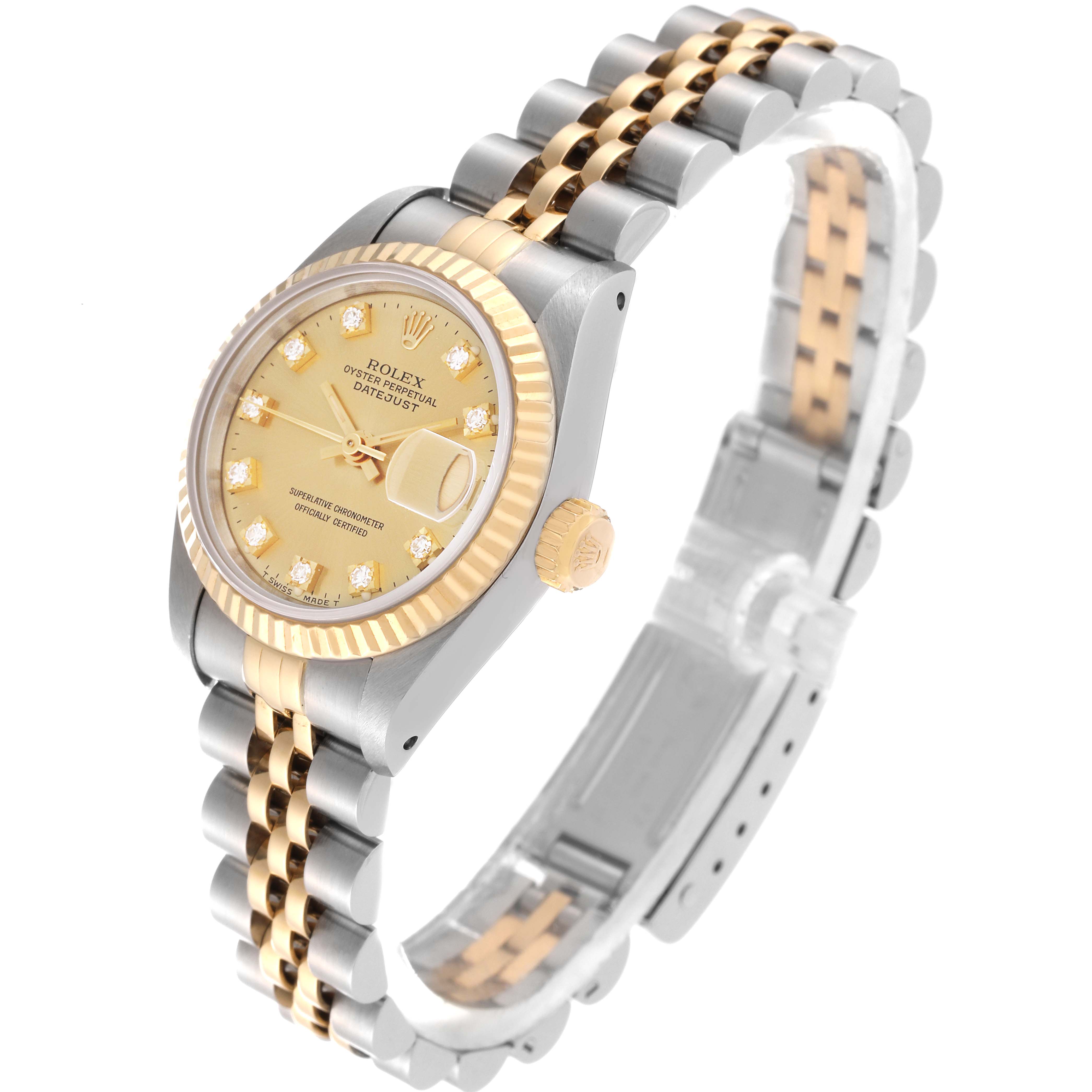 This image shows a Rolex Datejust 69173G Women's Steel and Gold (two tone) Champagne Dial 69173G Women's Steel and Gold (two tone) Champagne Dial watch at an angled view, highlighting its gold and silver bracelet, crown, and dial with diamond markers.