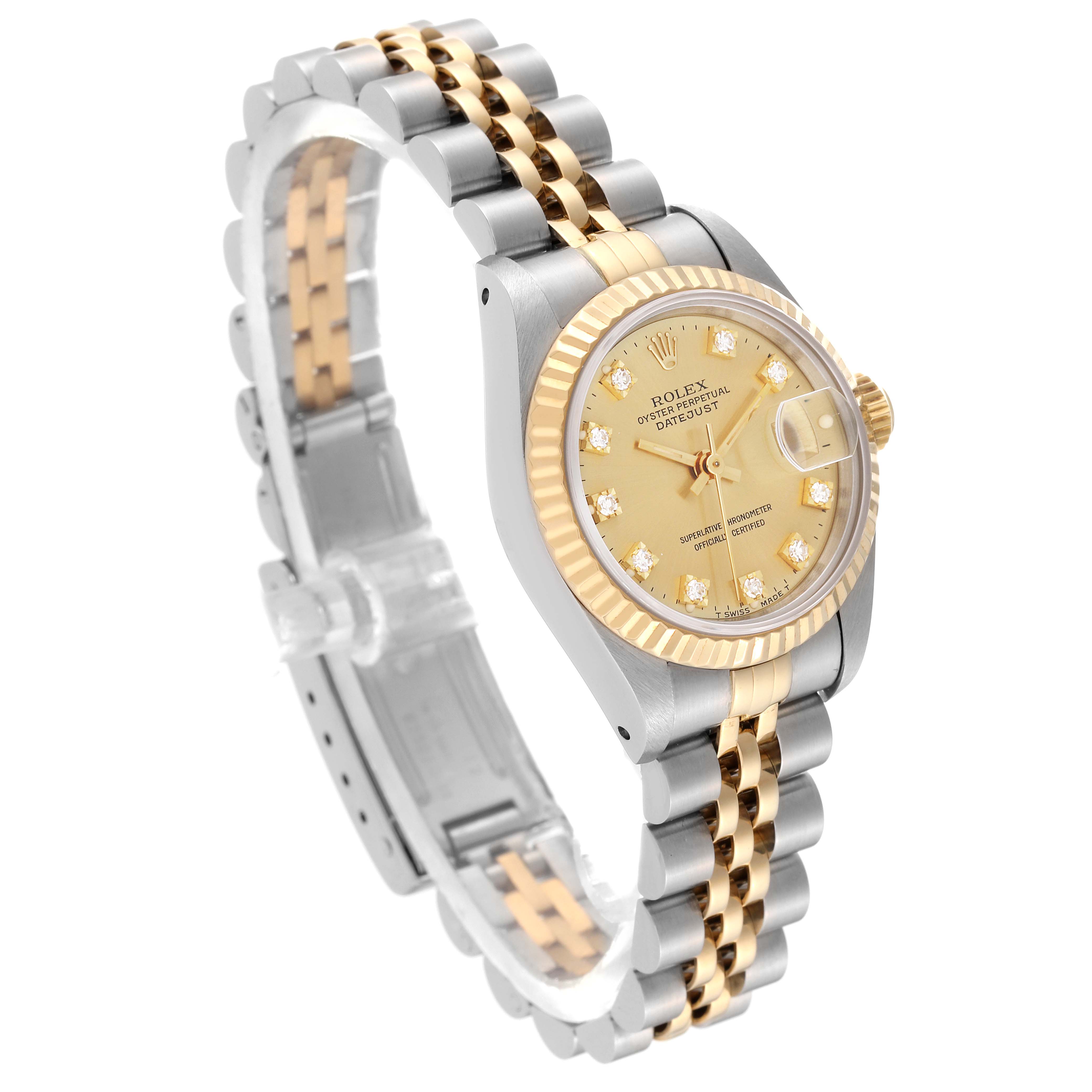 This image shows a semi-side view of a Rolex Datejust 69173G Women's Steel and Gold (two tone) Champagne Dial 69173G Women's Steel and Gold (two tone) Champagne Dial watch, featuring its bracelet, dial, bezel, and crown.