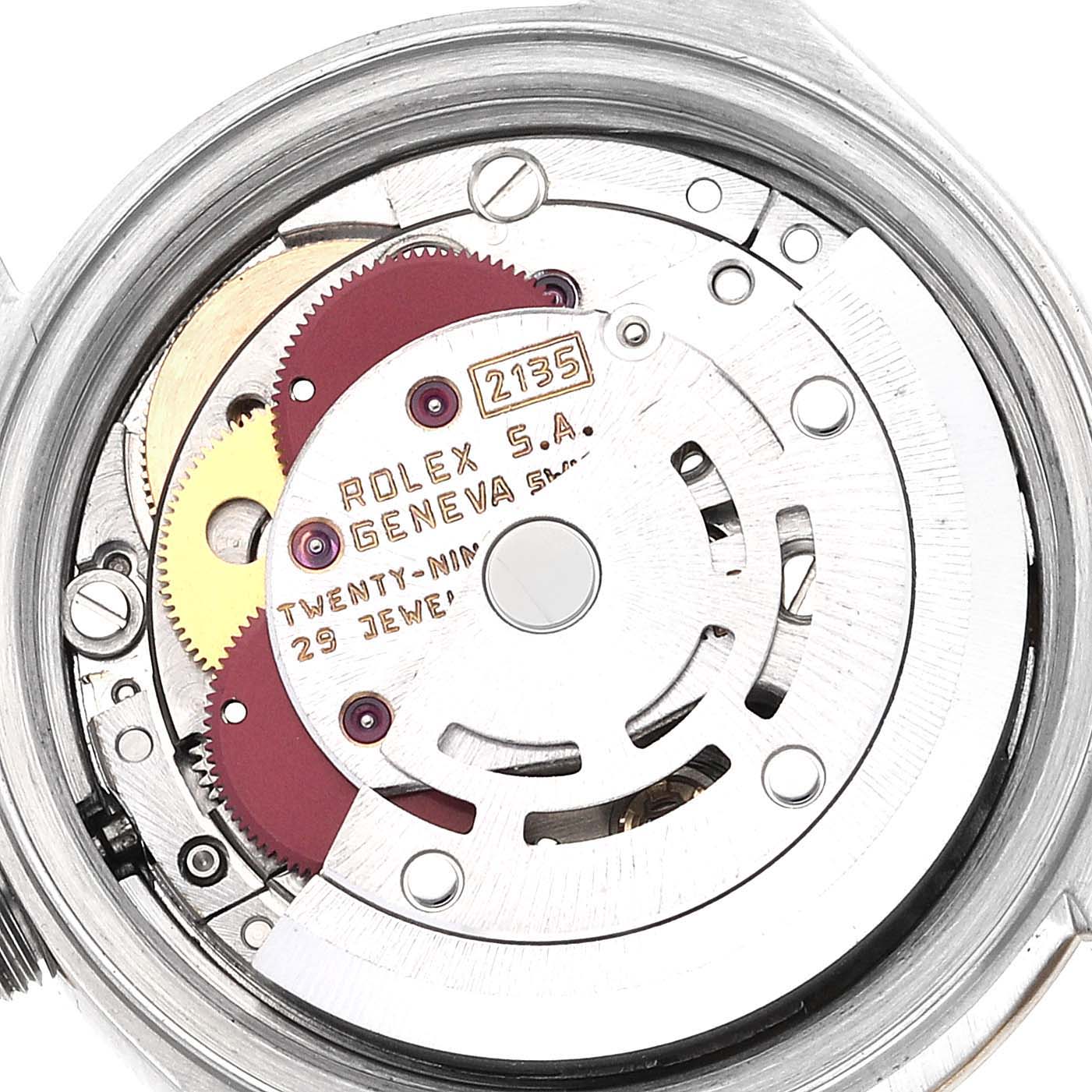 This image shows the internal movement mechanism of a Rolex Datejust 69173G Women's Steel and Gold (two tone) Champagne Dial 69173G Women's Steel and Gold (two tone) Champagne Dial watch from a straight-on angle.