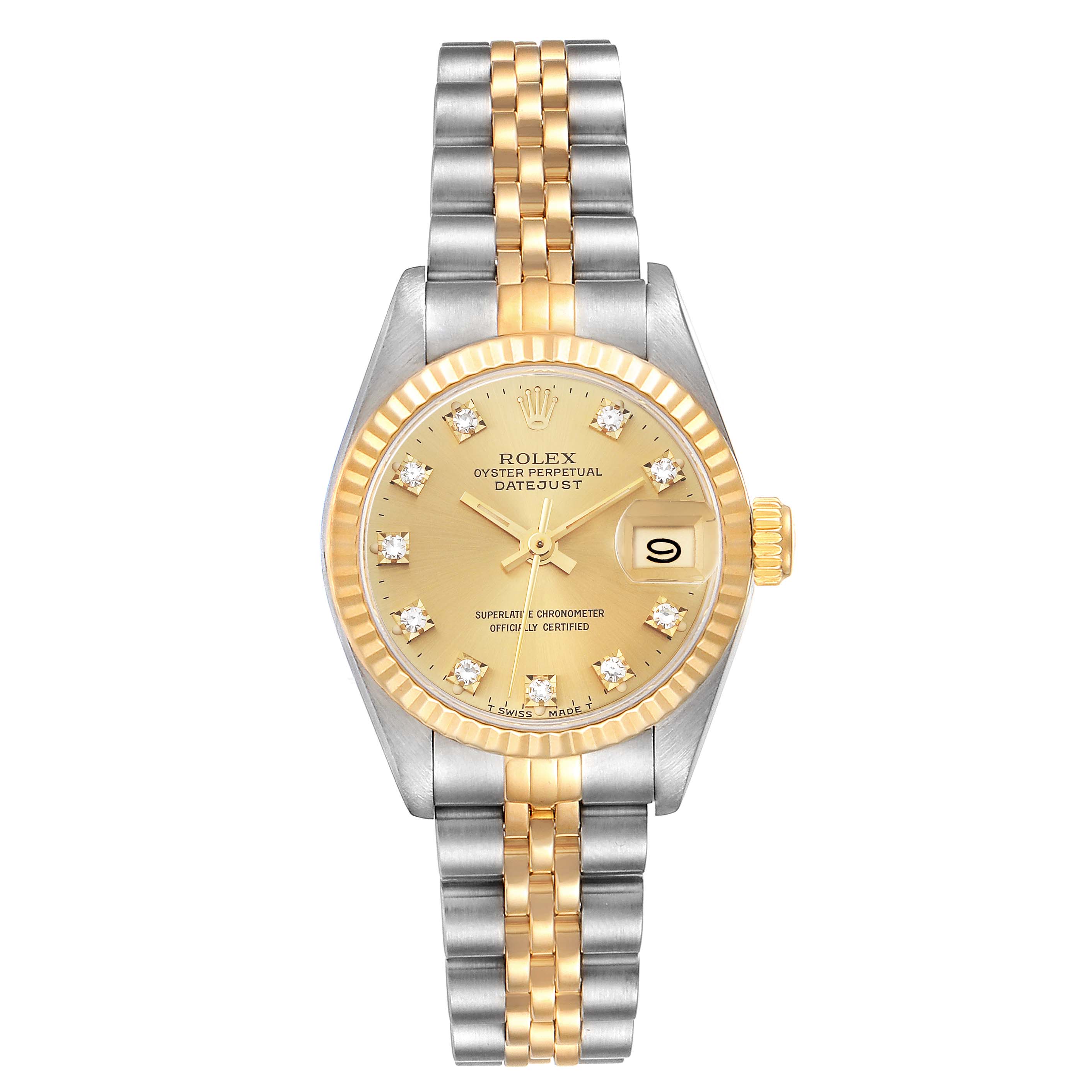 This image shows a front view of a Rolex Datejust 69173G Women's Steel and Gold (two tone) Champagne Dial 69173G Women's Steel and Gold (two tone) Champagne Dial watch, displaying its face, bezel, dial, and bracelet.
