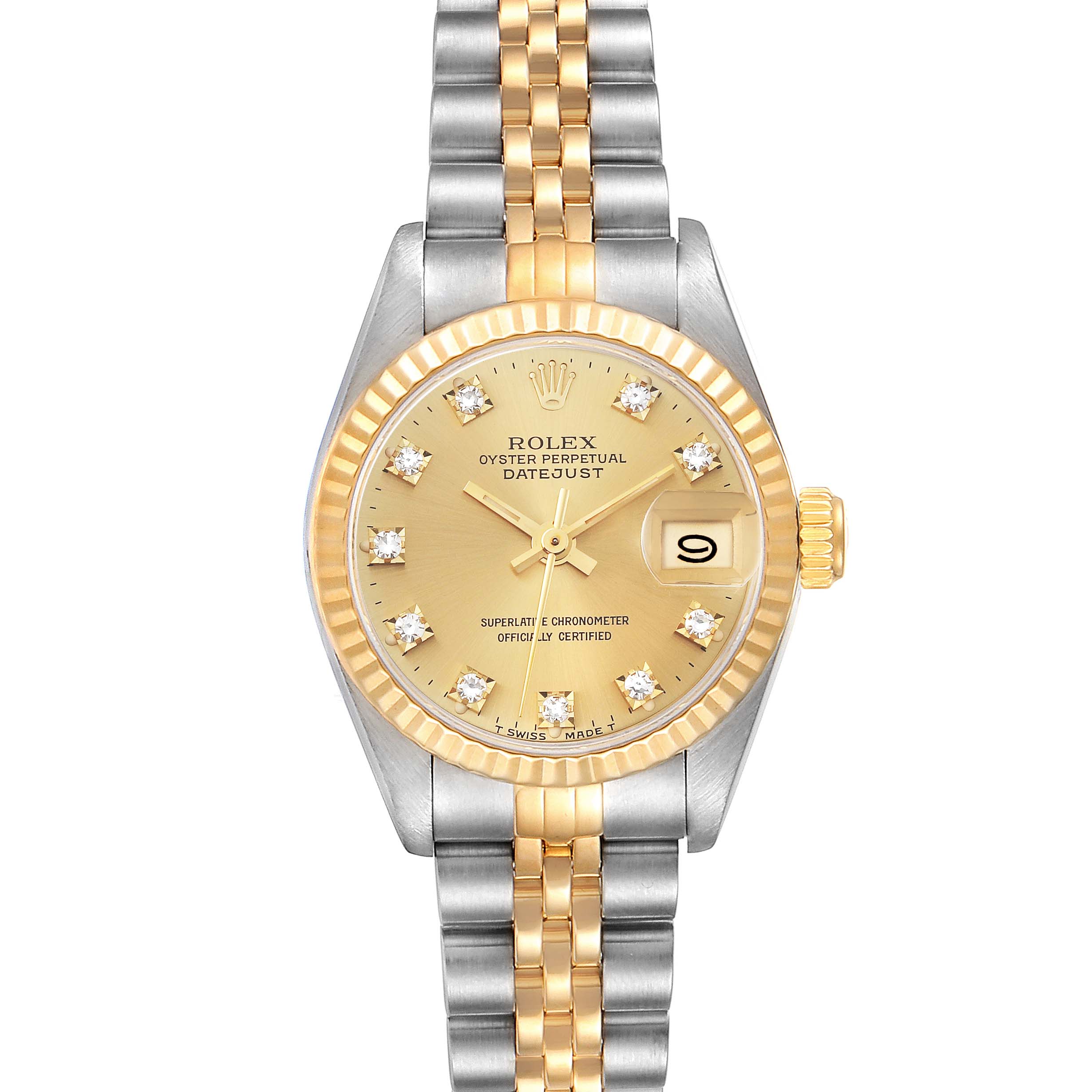 This image shows the front view of a Rolex Datejust 69173G Women's Steel and Gold (two tone) Champagne Dial 69173G Women's Steel and Gold (two tone) Champagne Dial watch with a gold dial and a two-tone bracelet.