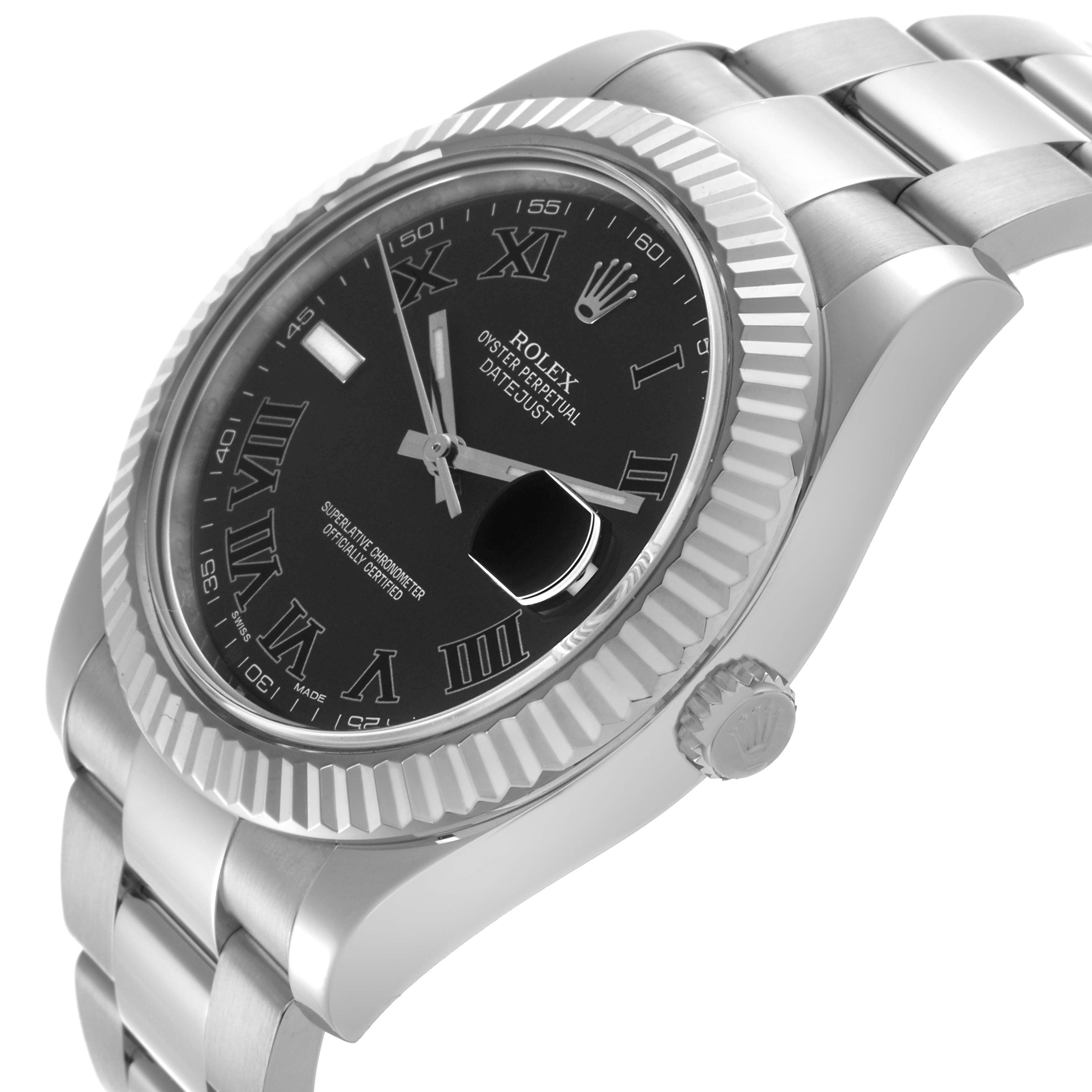 The Rolex Datejust 41 116334 Men's Stainless Steel Grey Dial 116334 Men's Stainless Steel Grey Dial watch is shown from a side angle, highlighting the bezel, dial, crown, and part of the bracelet.