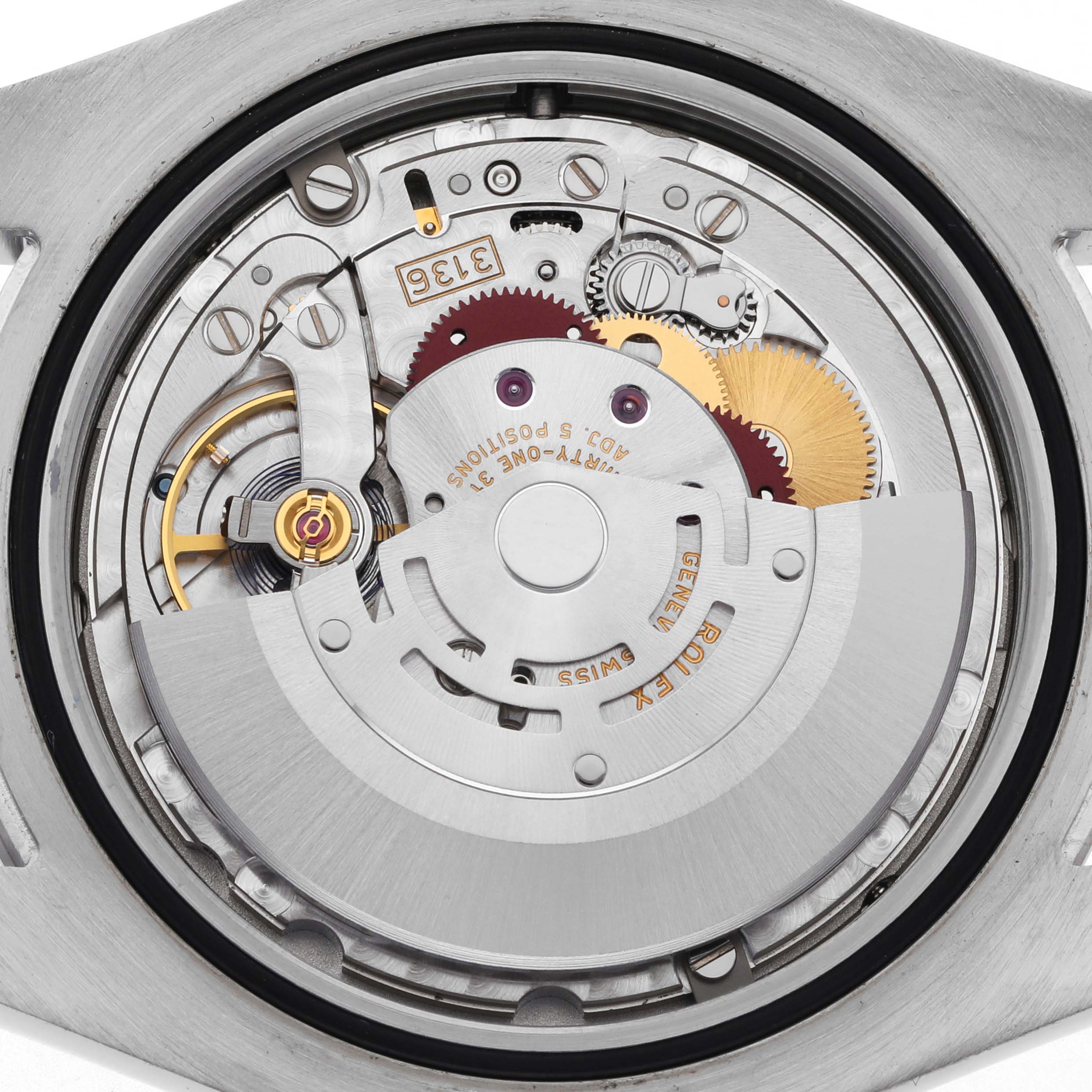 This image shows the movement of a Rolex Datejust 41 116334 Men's Stainless Steel Grey Dial 116334 Men's Stainless Steel Grey Dial, focusing on the intricate mechanical components inside the caseback.