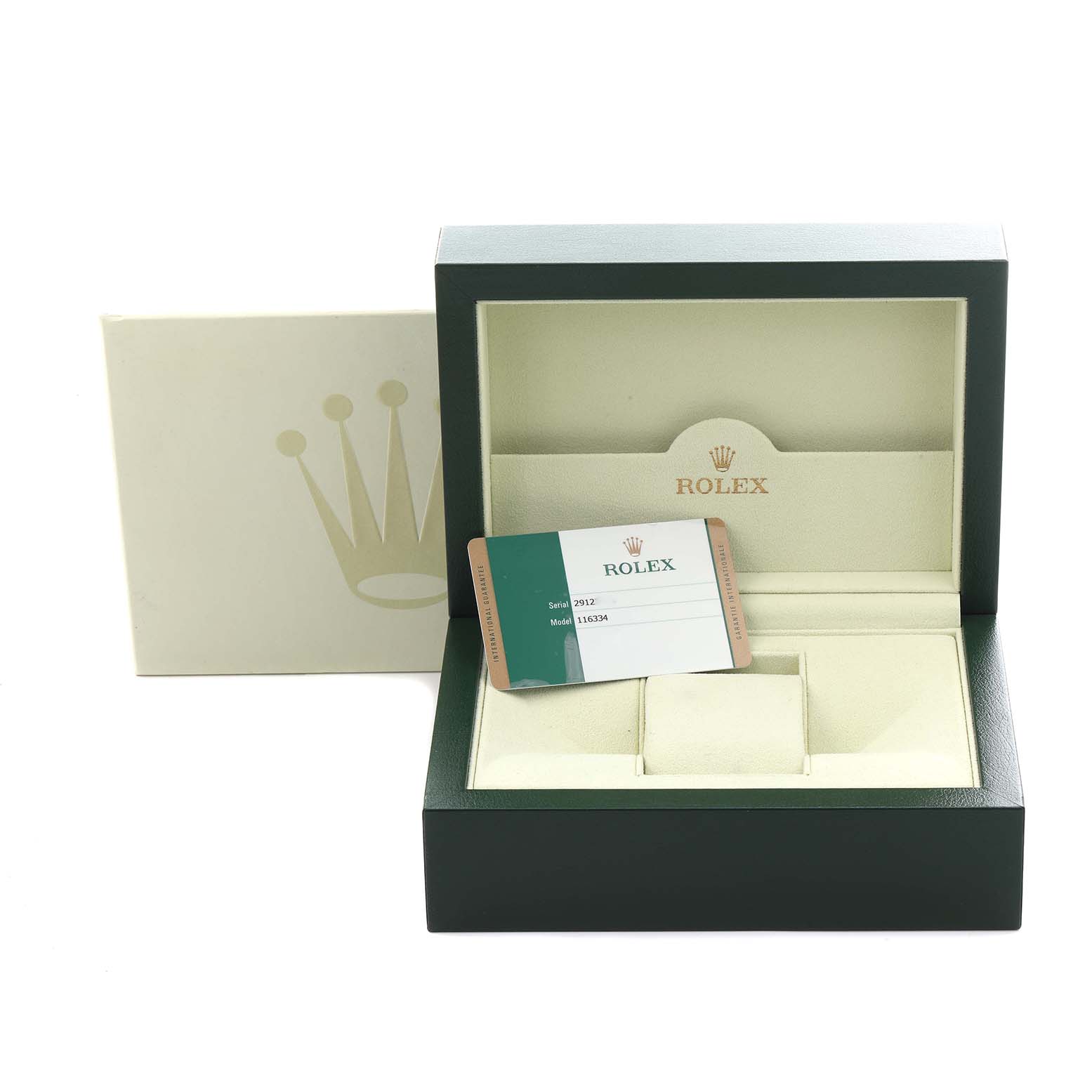 The image shows the packaging and authenticity card for a Rolex Datejust 41 116334 Men's Stainless Steel Grey Dial 116334 Men's Stainless Steel Grey Dial, with the box open at a front angle.