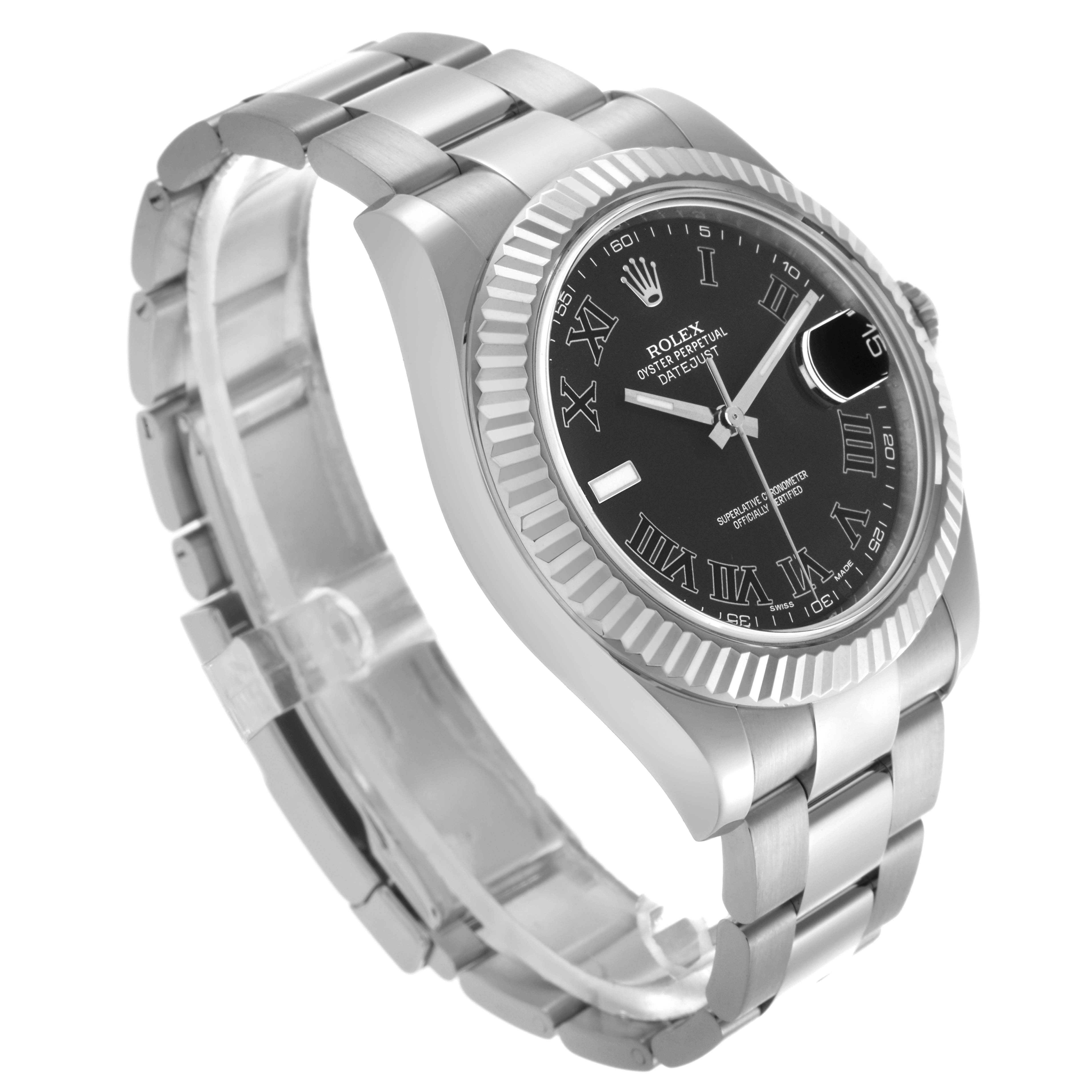 The Rolex Datejust 41 116334 Men's Stainless Steel Grey Dial 116334 Men's Stainless Steel Grey Dial watch is shown at a three-quarter angle, displaying the face, bezel, case, and part of the bracelet.