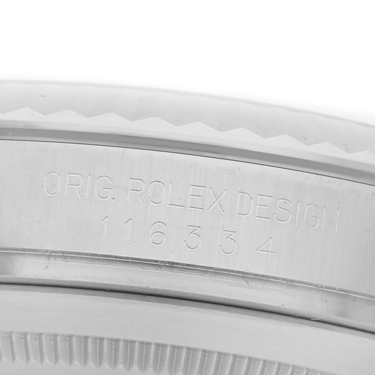 The image shows a close-up of the side of a Rolex Datejust 41 116334 Men's Stainless Steel Grey Dial 116334 Men's Stainless Steel Grey Dial, highlighting the engraved model and design details.