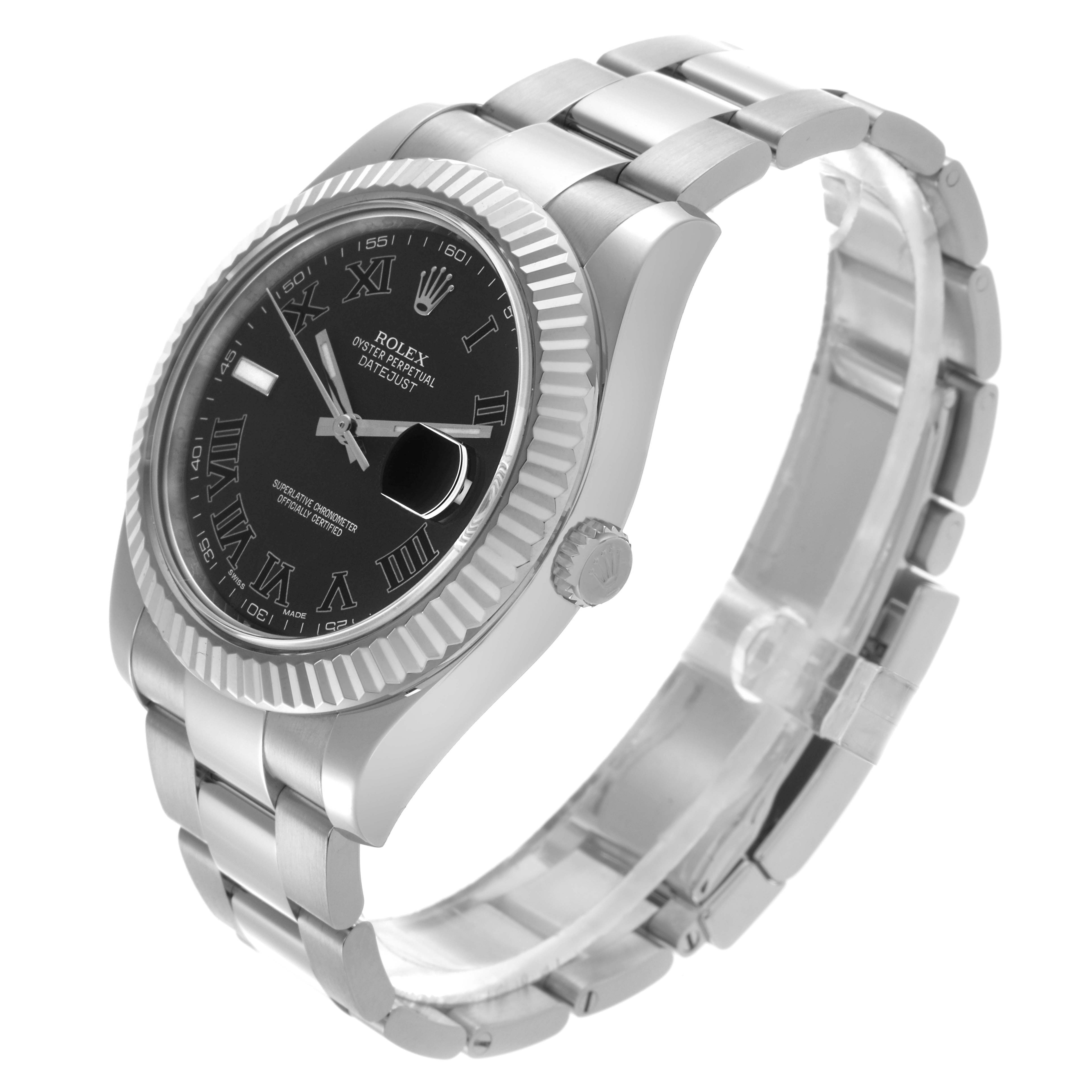 The Rolex Datejust 41 116334 Men's Stainless Steel Grey Dial 116334 Men's Stainless Steel Grey Dial is shown at an angled view, highlighting the bezel, dial, bracelet, and crown.