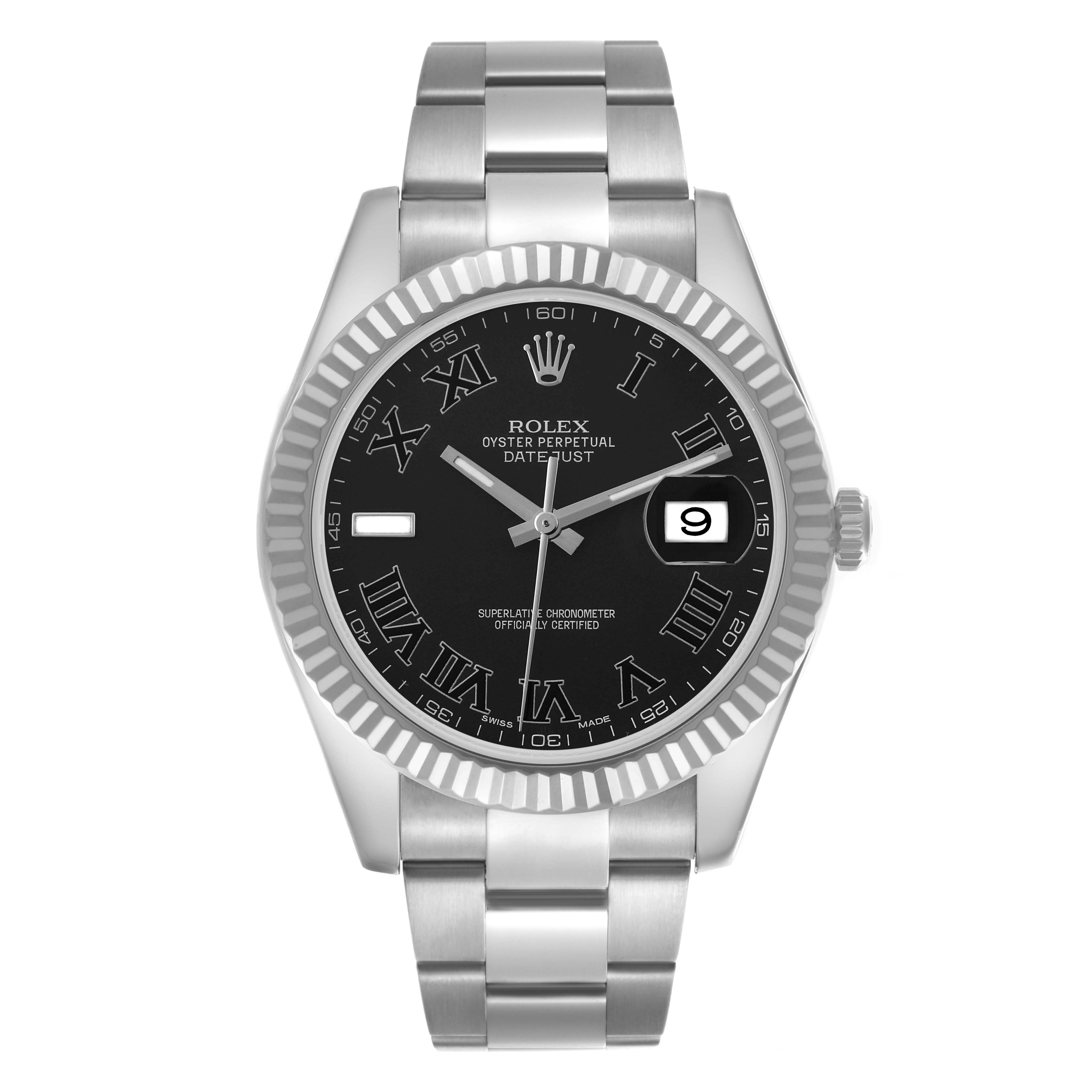 The Rolex Datejust 41 116334 Men's Stainless Steel Grey Dial 116334 Men's Stainless Steel Grey Dial is shown from a front view, highlighting the dial, bezel, and bracelet.