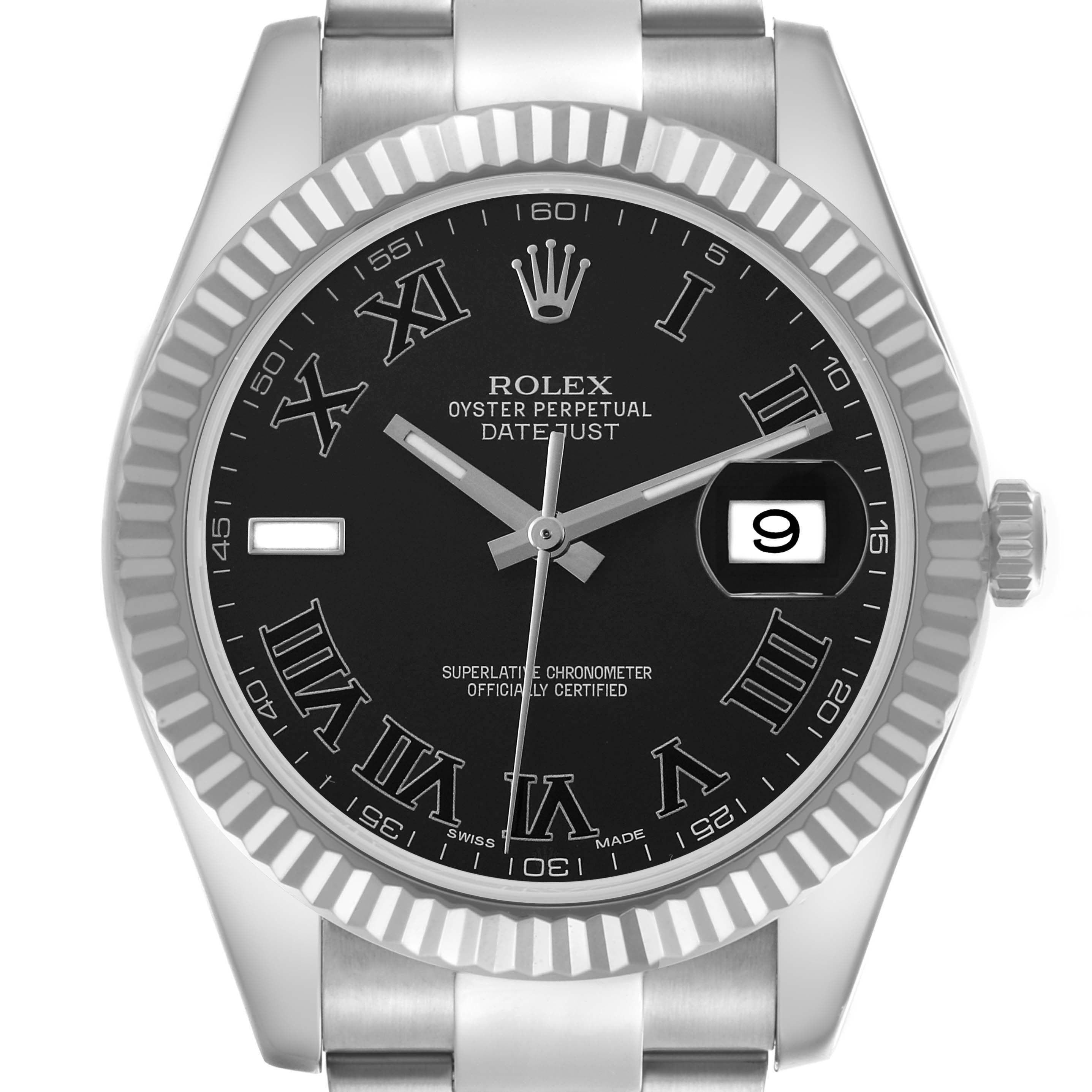 The Rolex Datejust 41 116334 Men's Stainless Steel Grey Dial 116334 Men's Stainless Steel Grey Dial watch is shown from a front angle, displaying the dial, bezel, crown, and part of the bracelet.