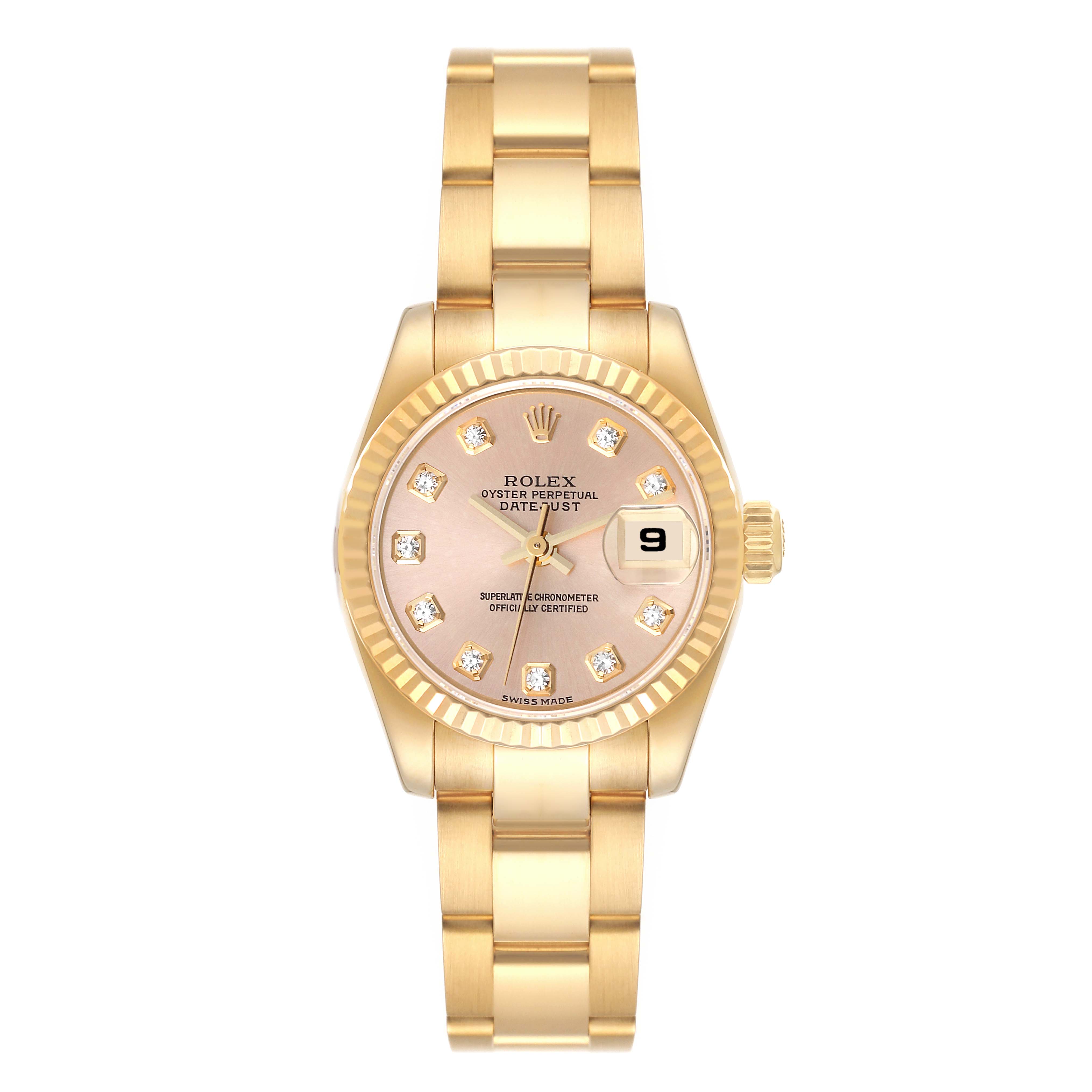 This image shows a frontal view of the Rolex President 179178 Women
s Yellow Gold Champagne Dial 179178 Women
s Yellow Gold Champagne Dial model watch, displaying its gold case, dial, hands, and bracelet.