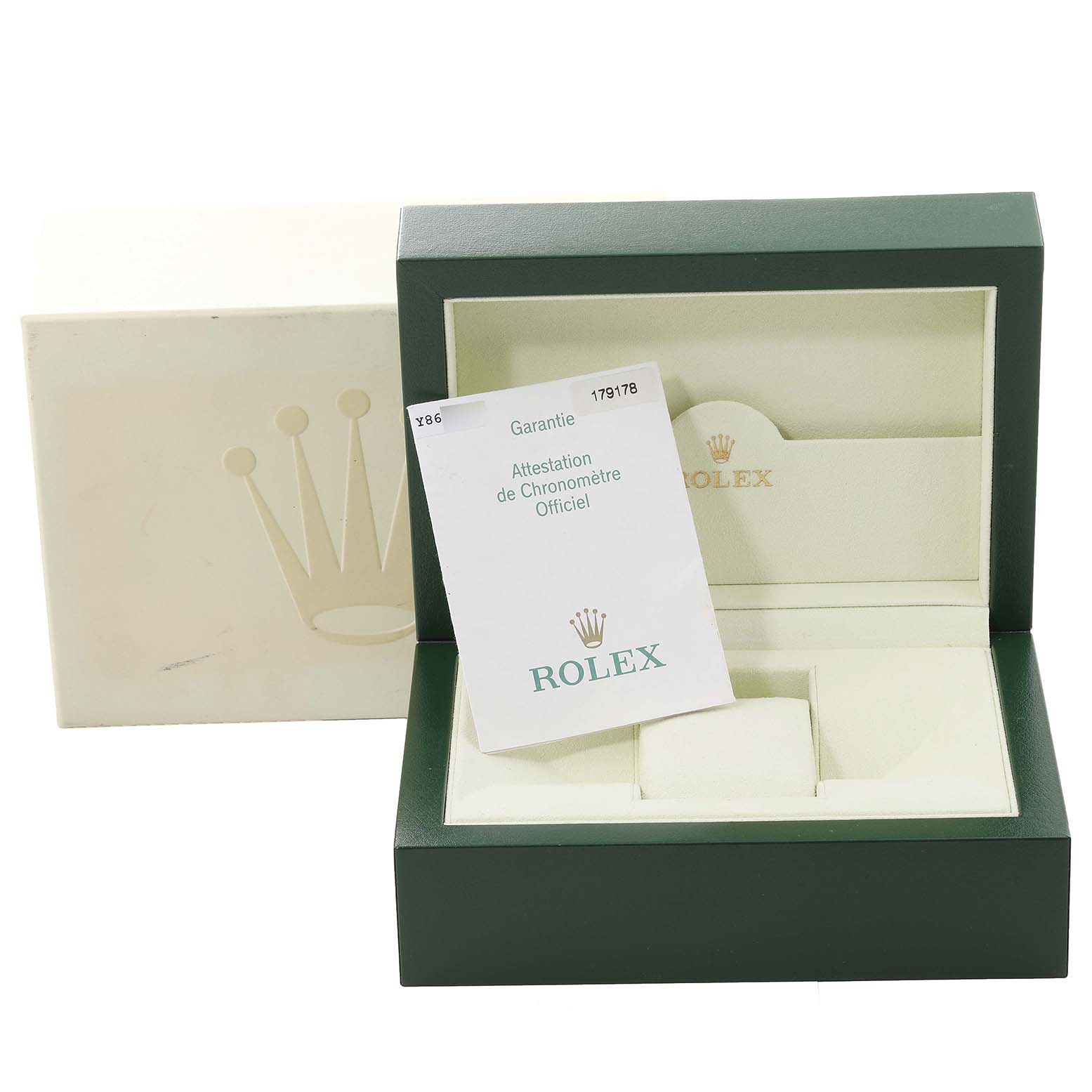 The image shows an open Rolex President 179178 Women
s Yellow Gold Champagne Dial 179178 Women
s Yellow Gold Champagne Dial model watch box with an official certificate positioned inside.