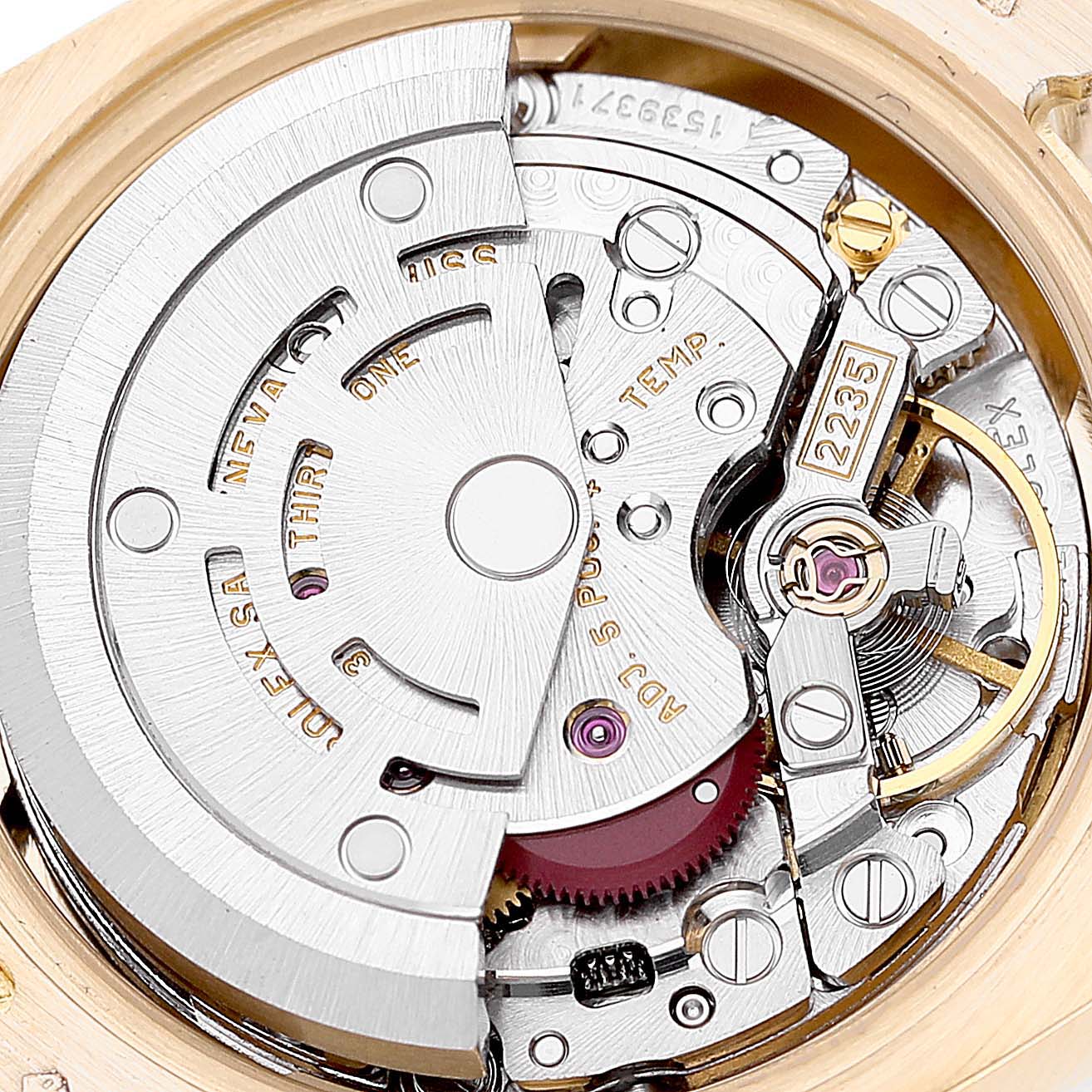This image shows an angled close-up of the movement mechanism inside the Rolex President 179178 Women
s Yellow Gold Champagne Dial 179178 Women
s Yellow Gold Champagne Dial model watch.