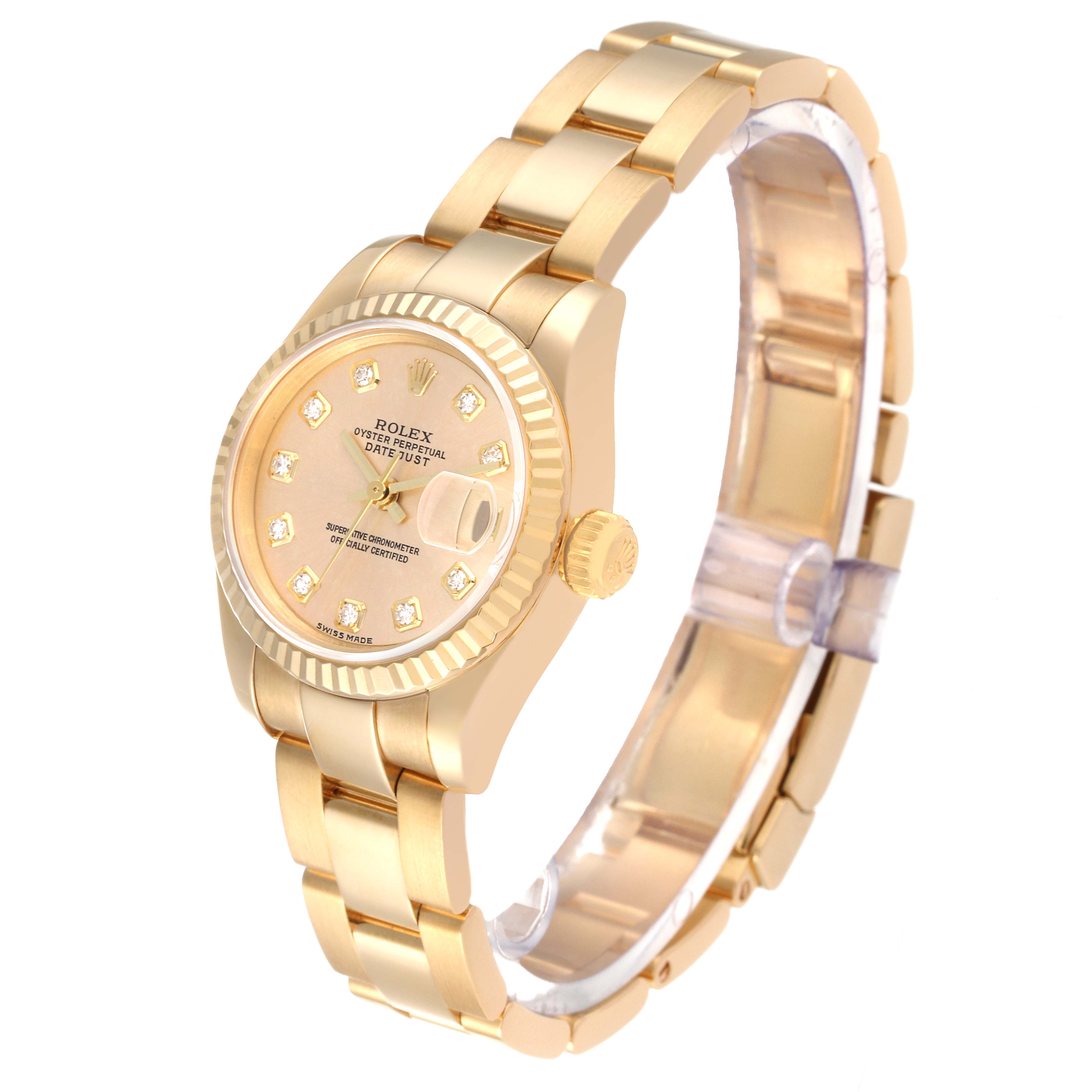 The Rolex President 179178 Women
s Yellow Gold Champagne Dial 179178 Women
s Yellow Gold Champagne Dial model watch is shown at a slight angle, highlighting its bracelet, crown, and diamond-studded dial face.