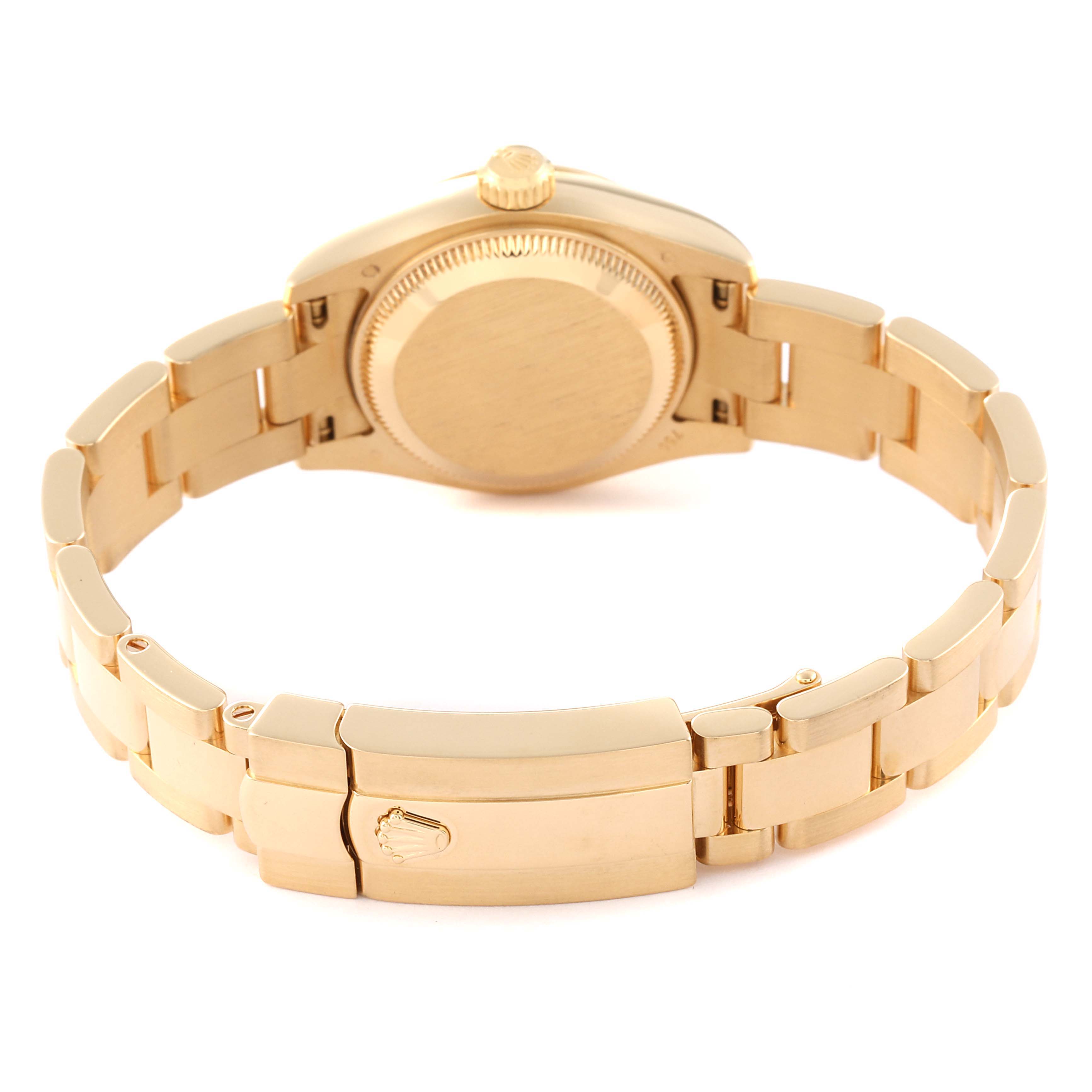 This Rolex President 179178 Women
s Yellow Gold Champagne Dial 179178 Women
s Yellow Gold Champagne Dial model watch is shown from the back, highlighting its clasp and caseback.
