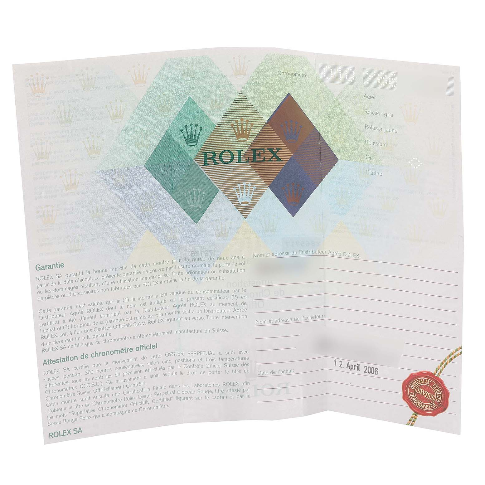 This is a close-up shot of a certificate or warranty paper for the Rolex President 179178 Women
s Yellow Gold Champagne Dial 179178 Women
s Yellow Gold Champagne Dial watch model.