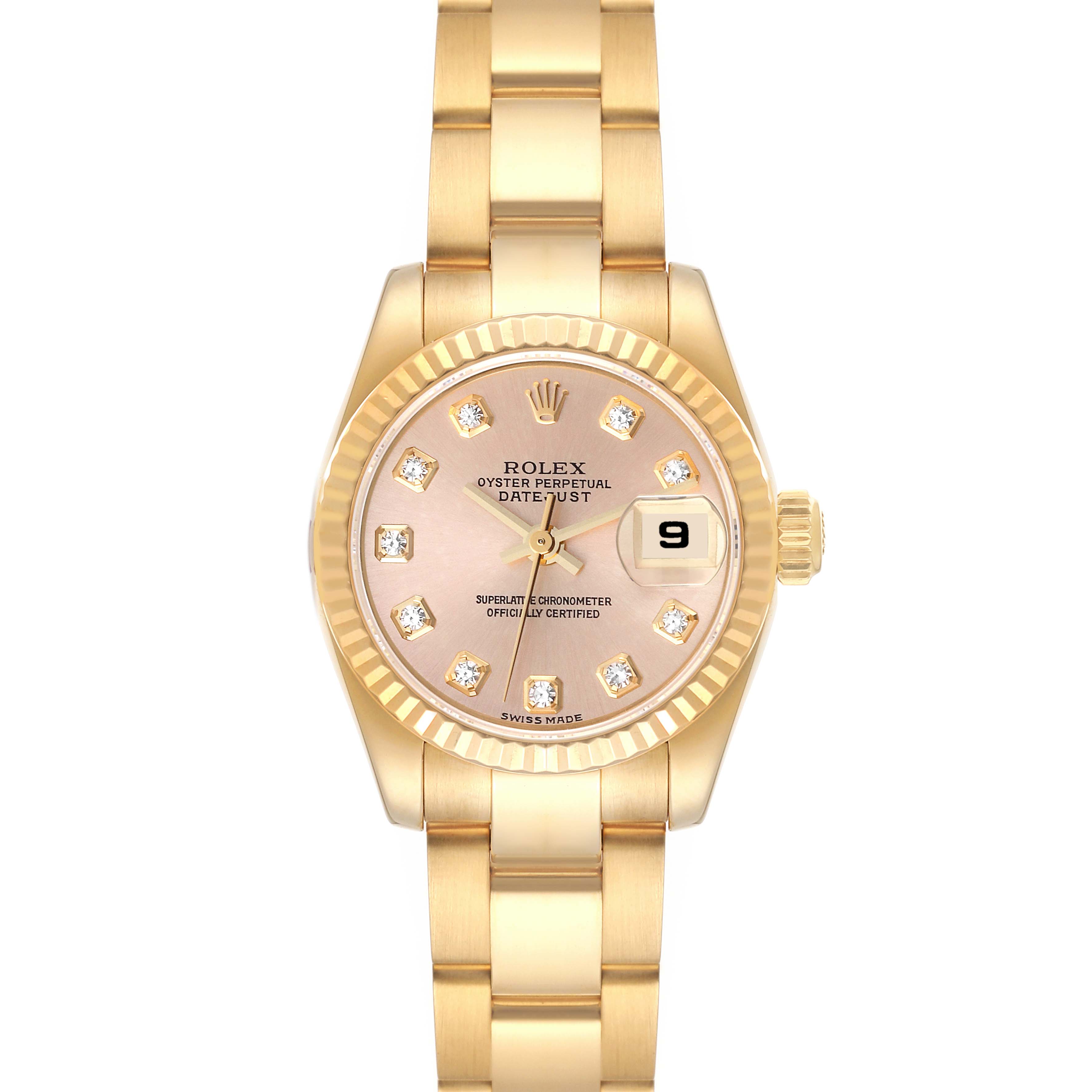 The image shows a frontal view of a Rolex President 179178 Women
s Yellow Gold Champagne Dial 179178 Women
s Yellow Gold Champagne Dial model watch, displaying the dial, bracelet, and date window.