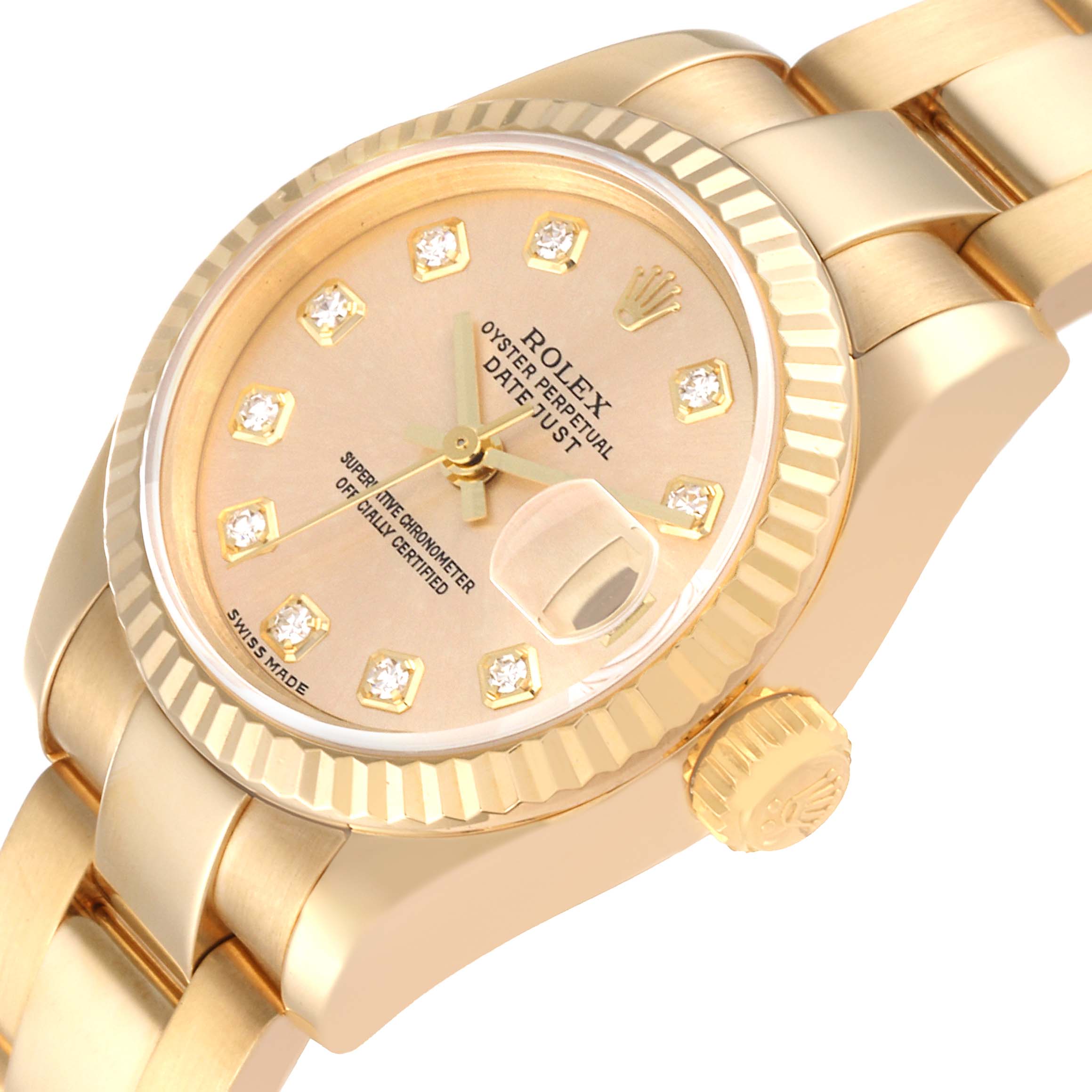 This image shows a close-up angle of the Rolex President 179178 Women
s Yellow Gold Champagne Dial 179178 Women
s Yellow Gold Champagne Dial model watch, highlighting its dial, bezel, and crown.
