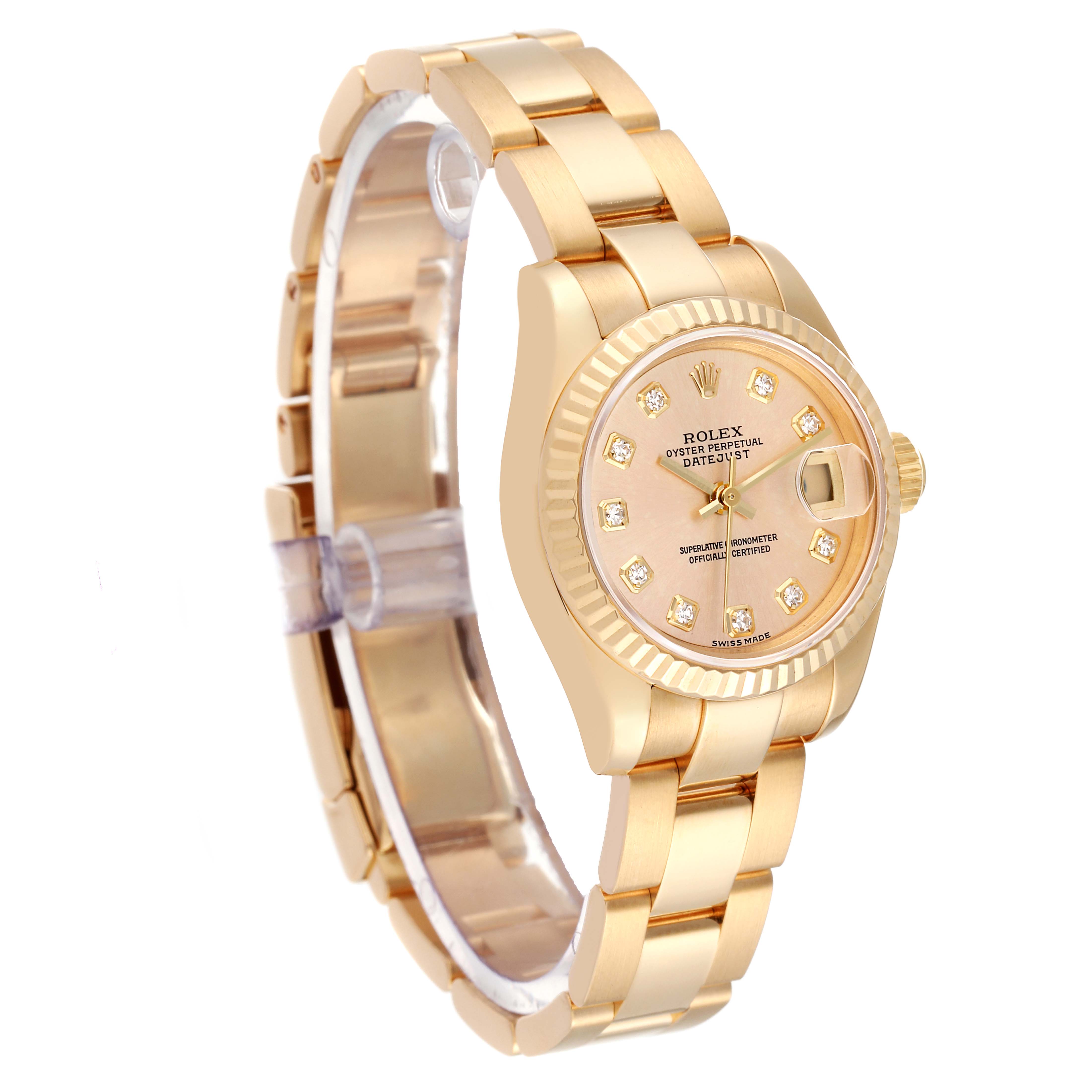 This image shows a Rolex President 179178 Women
s Yellow Gold Champagne Dial 179178 Women
s Yellow Gold Champagne Dial model watch from a slight left angle, highlighting the dial, bezel, and bracelet.