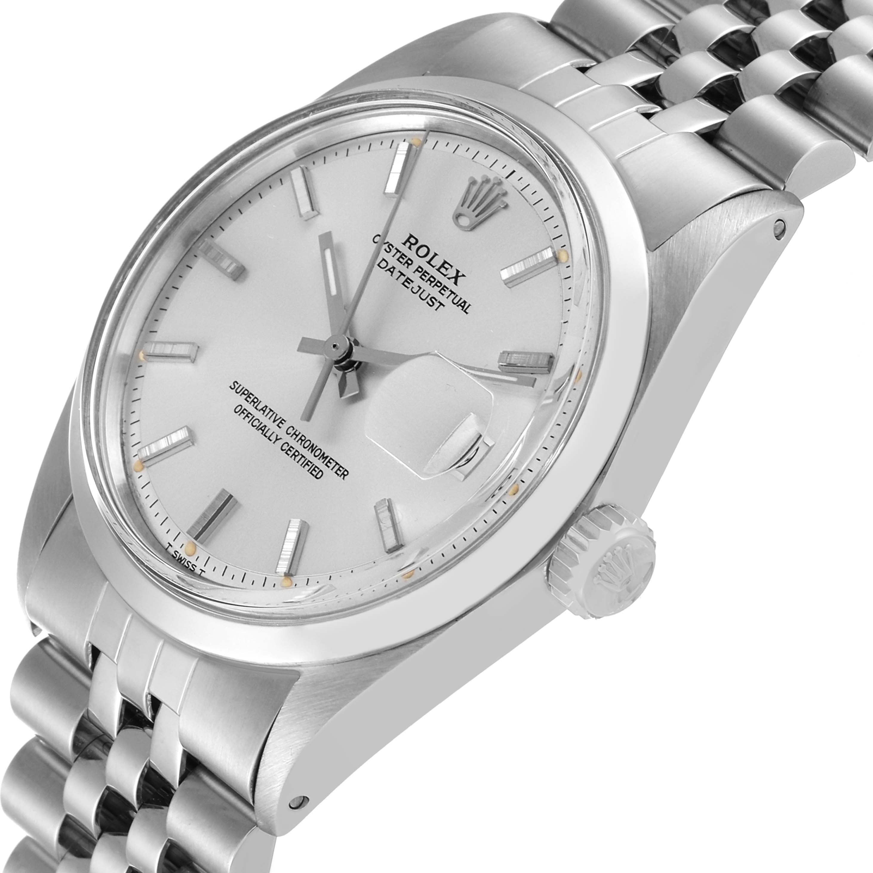 A side angle of the Rolex Vintage Collection 1600 Men's Stainless Steel Silver Dial 1600 Men's Stainless Steel Silver Dial model watch showing the face, crown, and partial bracelet.