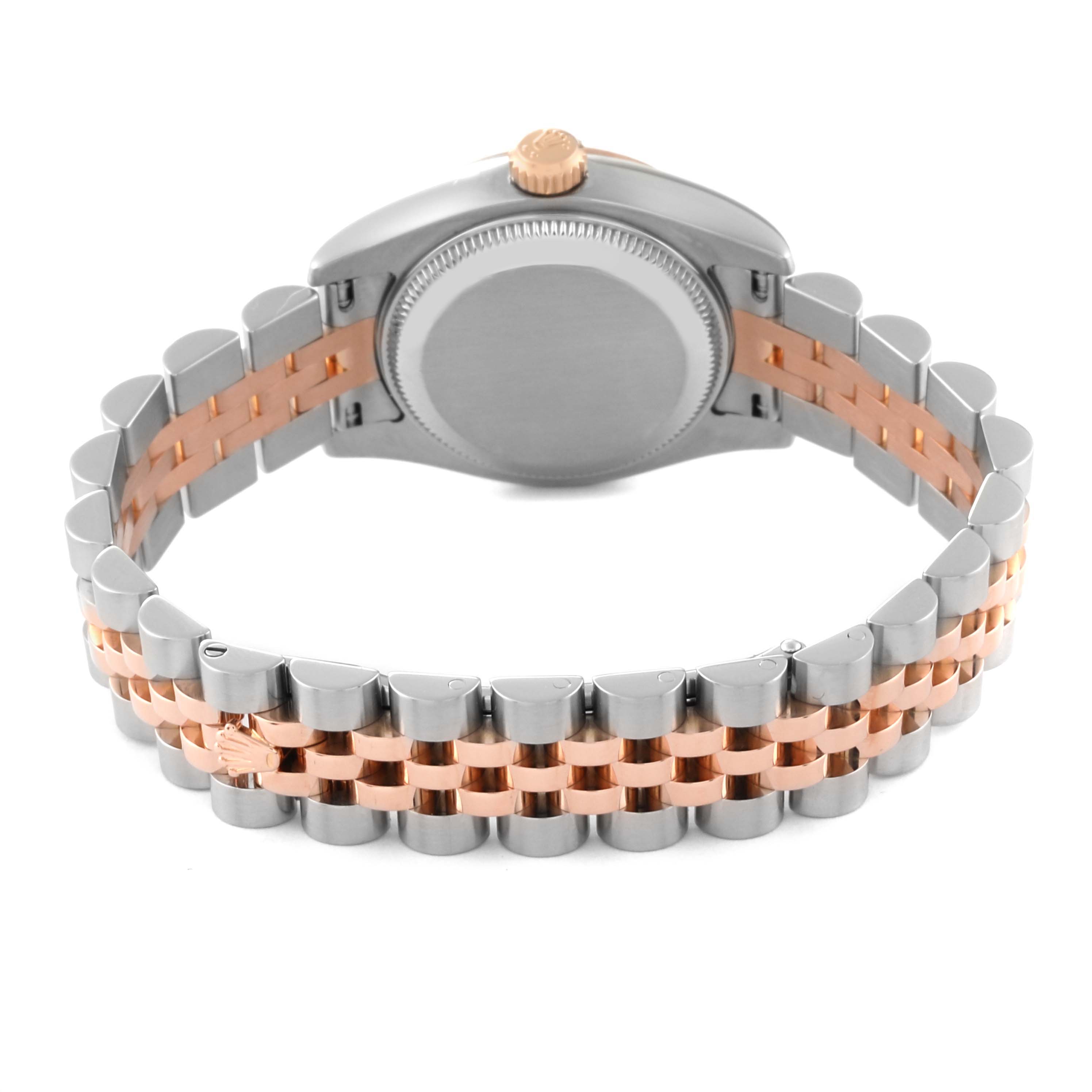The image shows the back of a Rolex Datejust 179171 Women's Steel and Gold (two tone) Silver Dial 179171 Women's Steel and Gold (two tone) Silver Dial watch, highlighting its case back and two-toned bracelet.