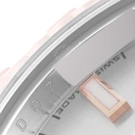 This close-up image of a Rolex Datejust 179171 Women's Steel and Gold (two tone) Silver Dial 179171 Women's Steel and Gold (two tone) Silver Dial watch shows part of the dial, including a diamond marker and "Swiss Made" text.