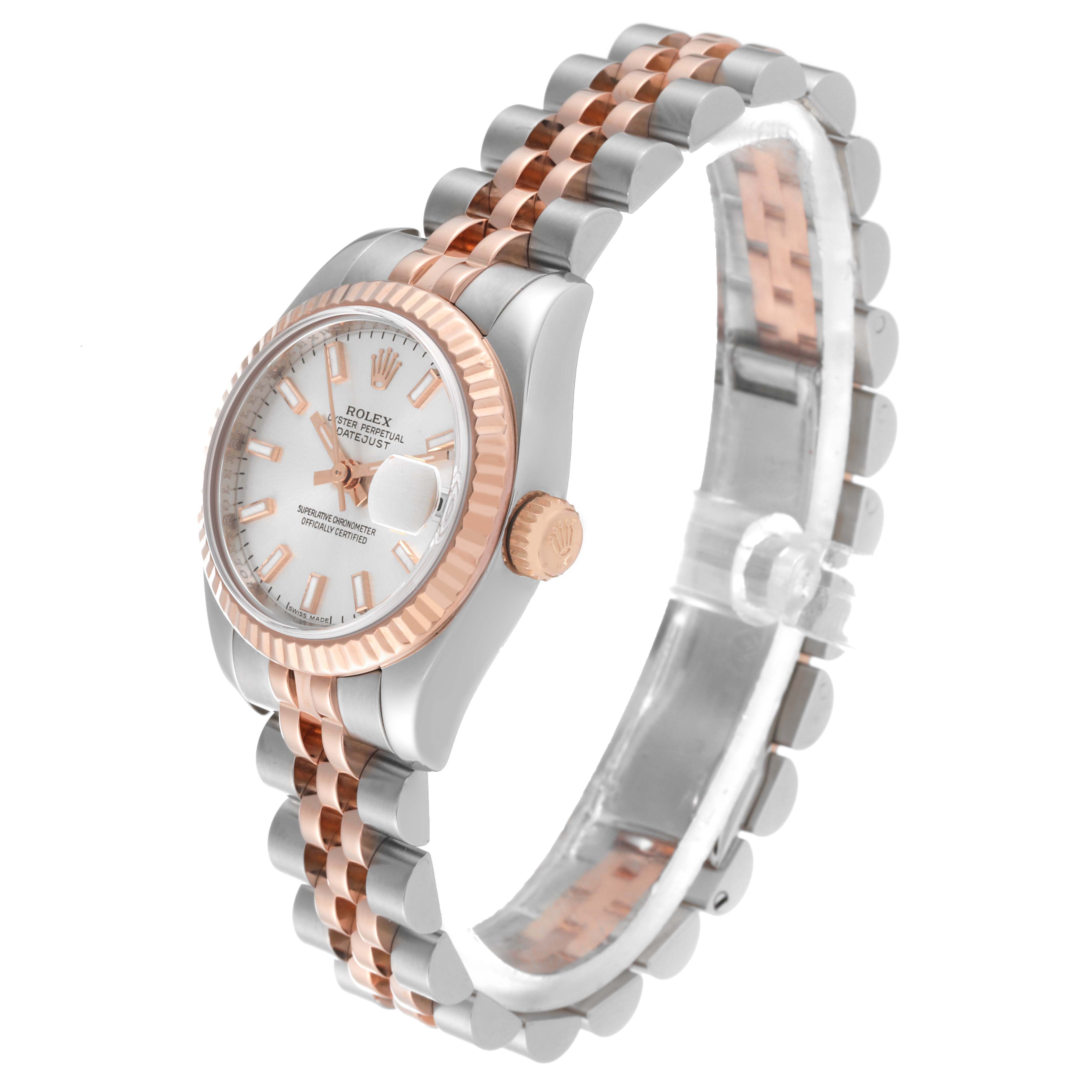 This image displays a side view of a Rolex Datejust 179171 Women's Steel and Gold (two tone) Silver Dial 179171 Women's Steel and Gold (two tone) Silver Dial watch, showing the face, bezel, crown, and bracelet.