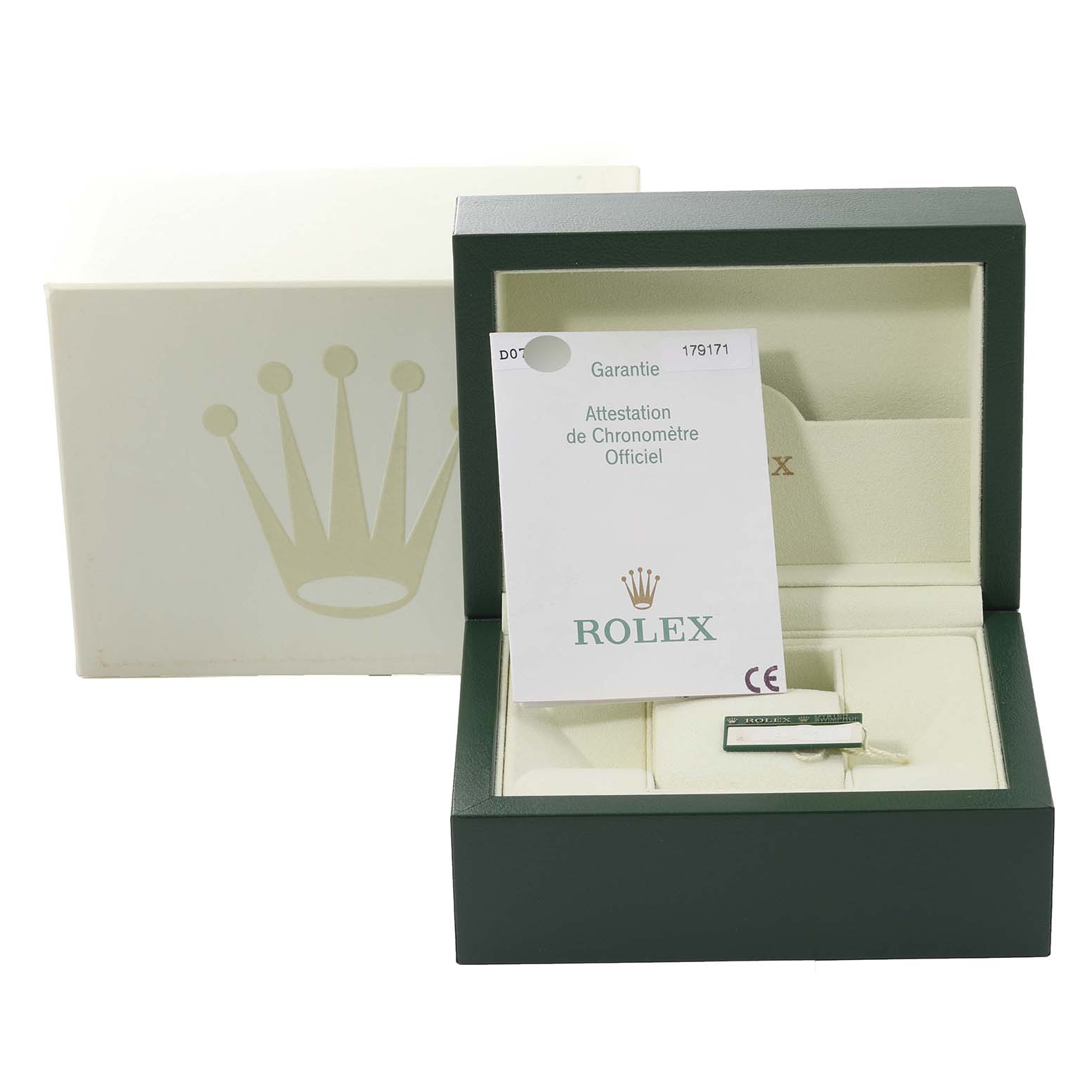 The image shows the open box of a Rolex Datejust 179171 Women's Steel and Gold (two tone) Silver Dial 179171 Women's Steel and Gold (two tone) Silver Dial watch along with its warranty card and packaging.