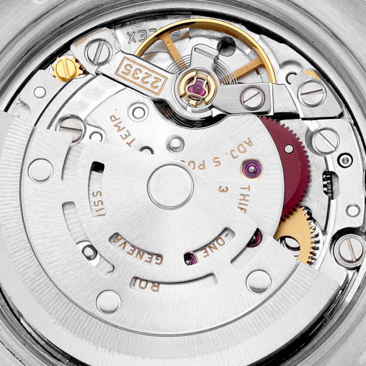 The image shows a close-up of the movement of a Rolex Datejust 179171 Women's Steel and Gold (two tone) Silver Dial 179171 Women's Steel and Gold (two tone) Silver Dial watch, highlighting intricate mechanical parts.