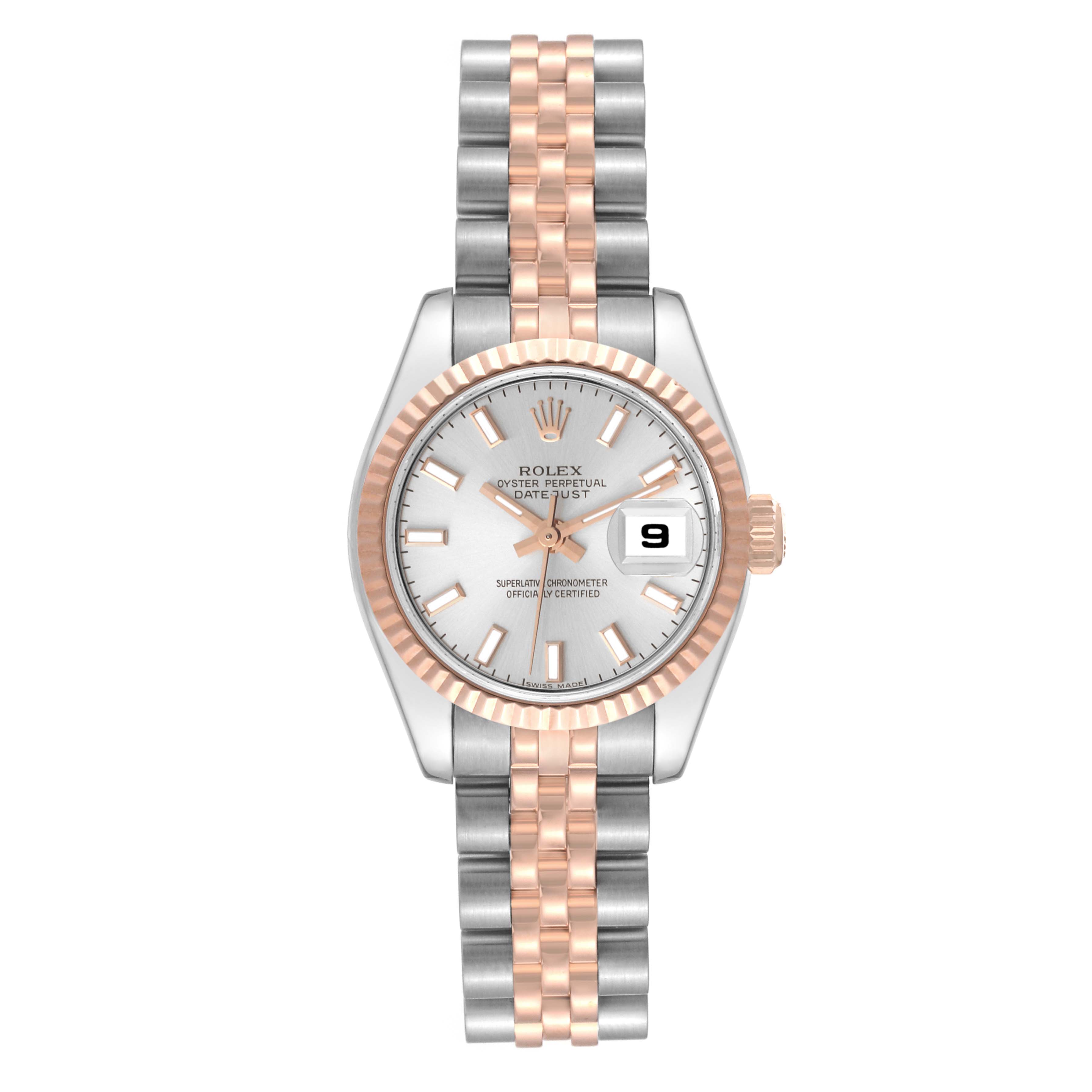 The image shows a frontal view of a Rolex Datejust 179171 Women's Steel and Gold (two tone) Silver Dial 179171 Women's Steel and Gold (two tone) Silver Dial watch, displaying its dial, bezel, case, and two-tone bracelet.