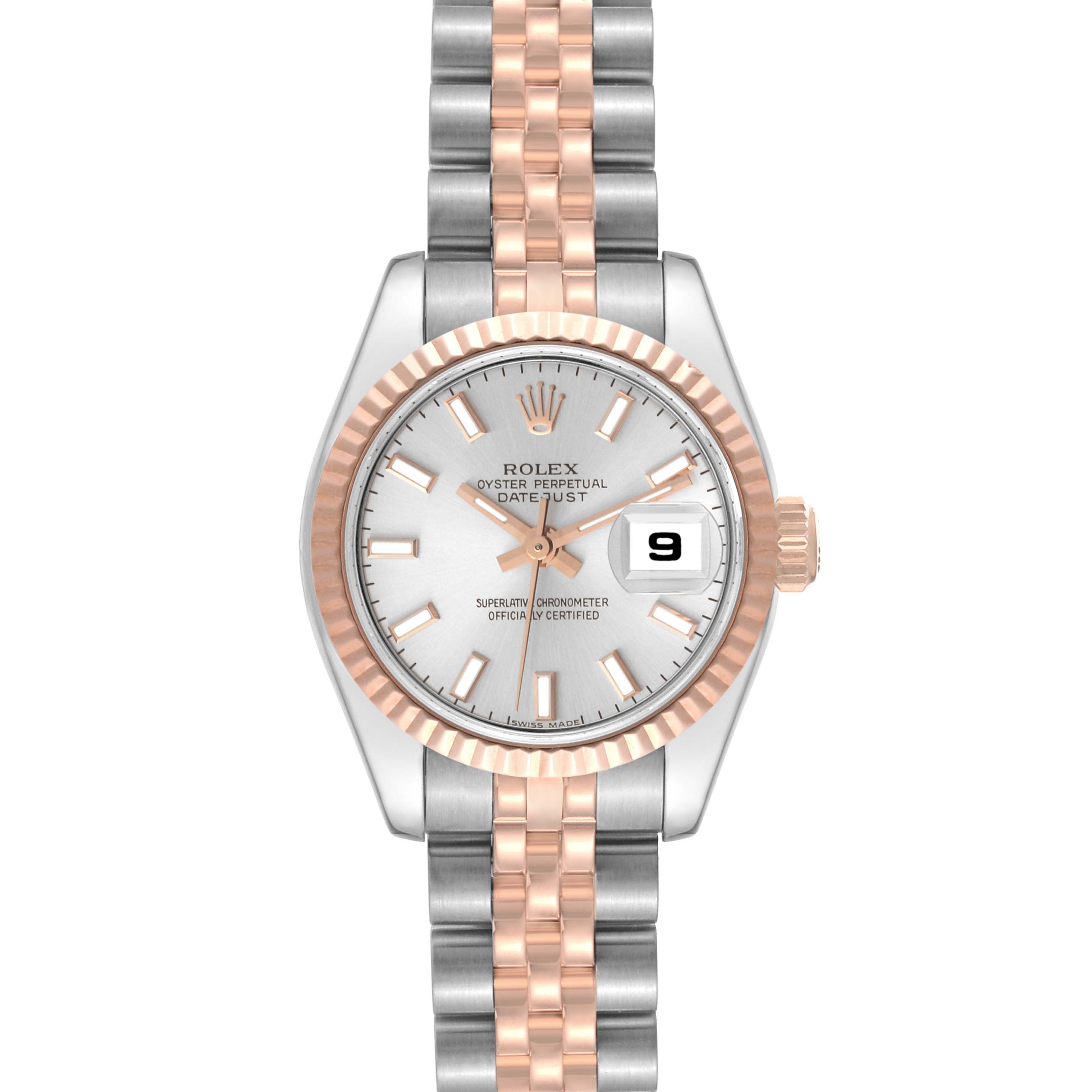 The Rolex Datejust 179171 Women's Steel and Gold (two tone) Silver Dial 179171 Women's Steel and Gold (two tone) Silver Dial watch is shown from a top-down perspective, displaying its face, bezel, crown, and bracelet.