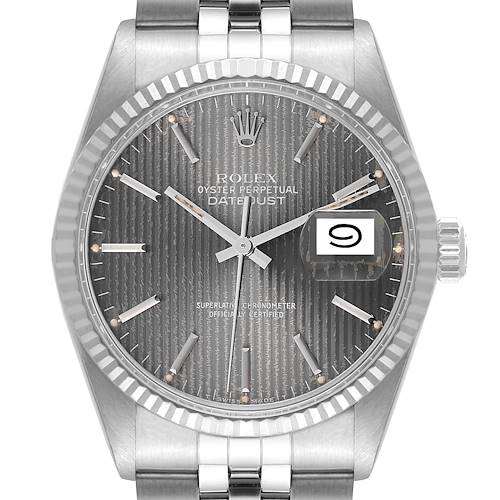 Photo of Rolex Datejust Steel White Gold Grey Tapestry Dial Vintage Mens Watch 16014 Box Papers