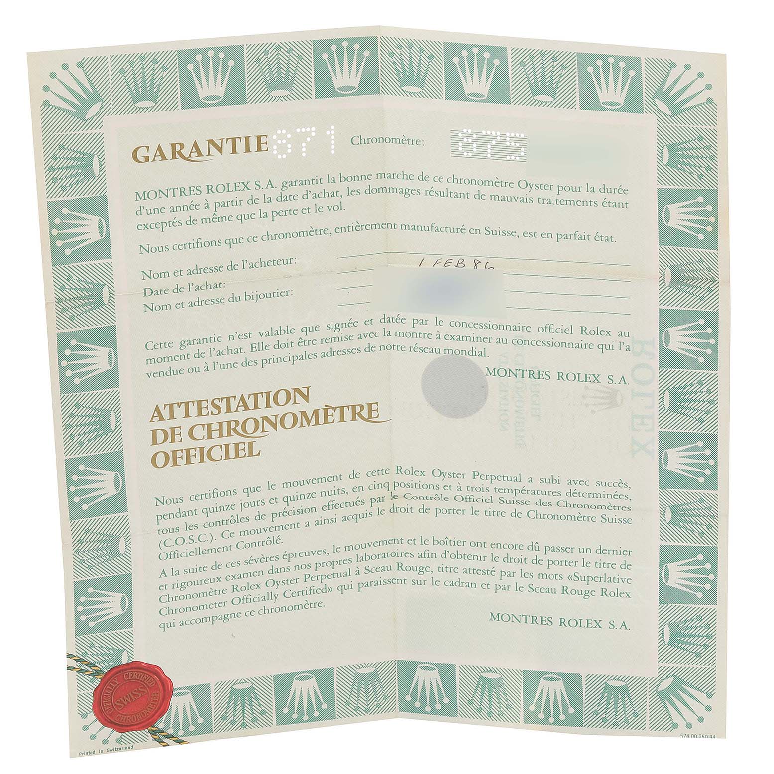 This image shows a certificate, likely a warranty or chronometer certification for the Pearlmaster model by Rolex, featuring text and logos.