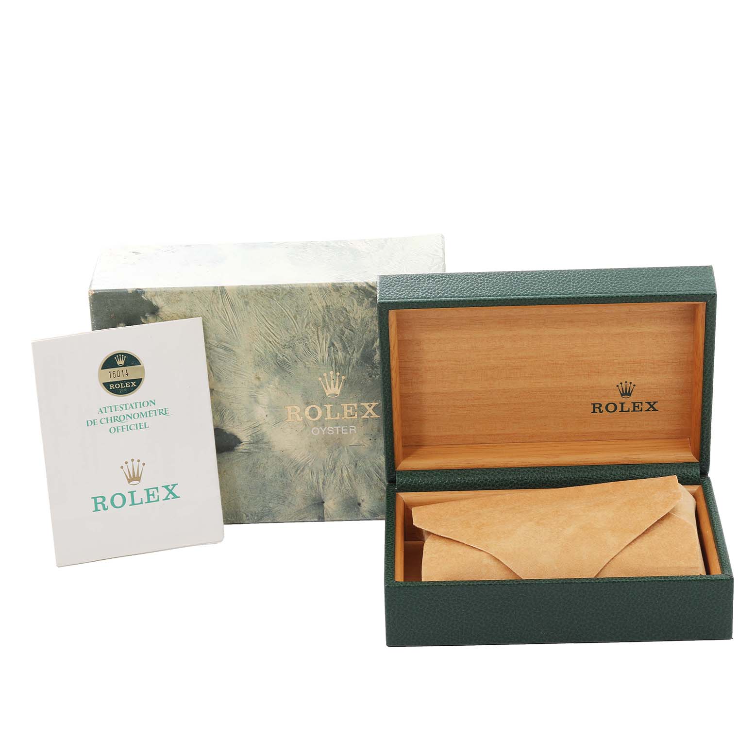 The image shows the box, booklet, and pouch for the Rolex Pearlmaster watch.