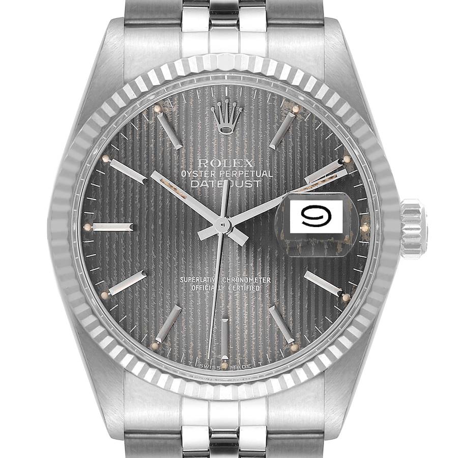 Rolex Datejust Steel White Gold Grey Tapestry Dial Vintage Mens Watch 16014 Box Papers SwissWatchExpo