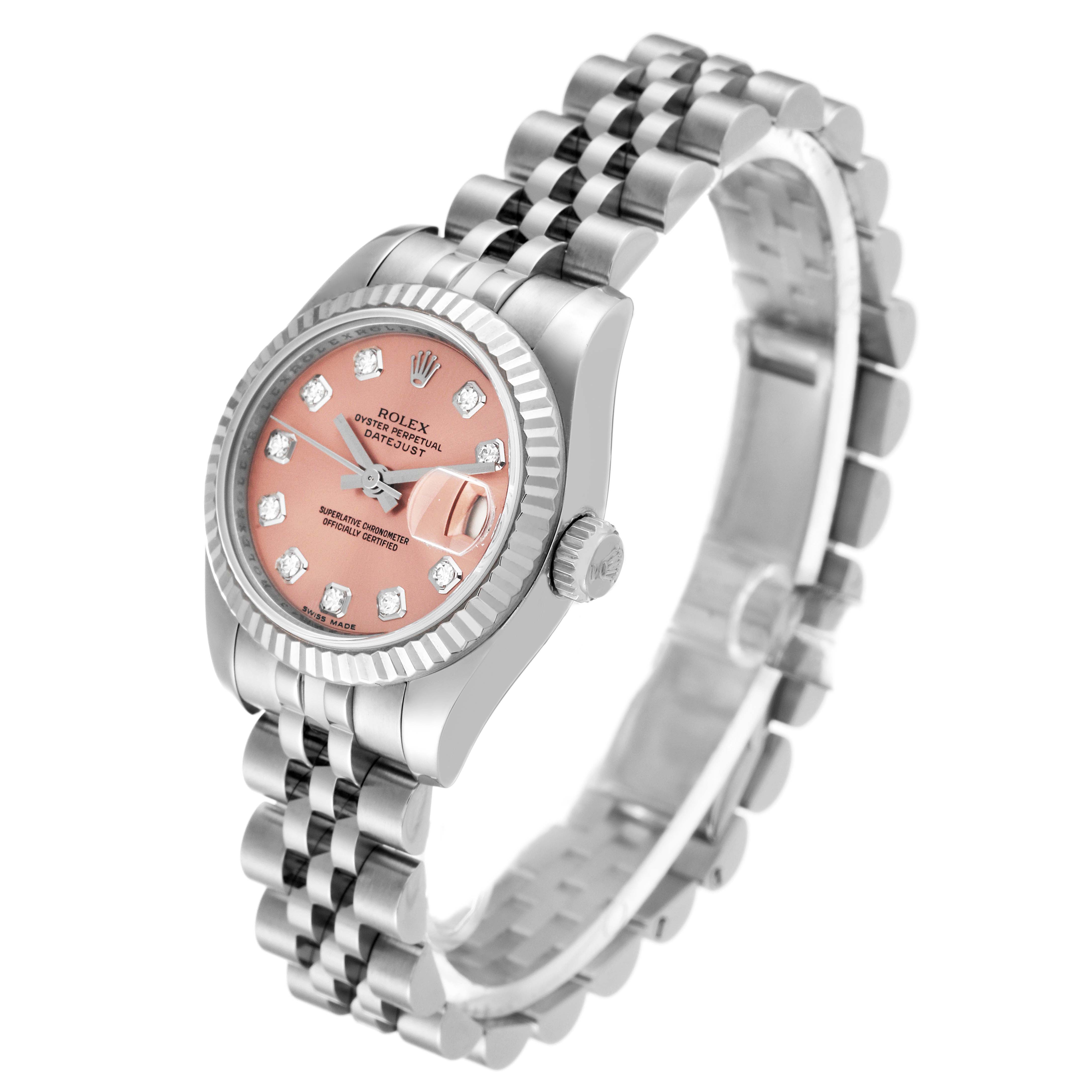 This image shows a Rolex Datejust 179174 Women's Stainless Steel Pink Dial 179174 Women's Stainless Steel Pink Dial watch at an angled side view, highlighting the face, bezel, bracelet, and crown.